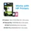 The image features a box of HP printer ink cartridges, with the text "Works with HP Printers" displayed prominently. The box contains various ink cartridges for different HP printer models, including the HP DeskJet 1250, 2700/2700e All-in-One series, HP DeskJet Plus 4100/4100e All-in-One series, HP ENVY 6000/6000e All-in-One series, and HP ENVY Pro 6400/6400e All-in-One series. The image also includes a website link to download the free HP Smart app.