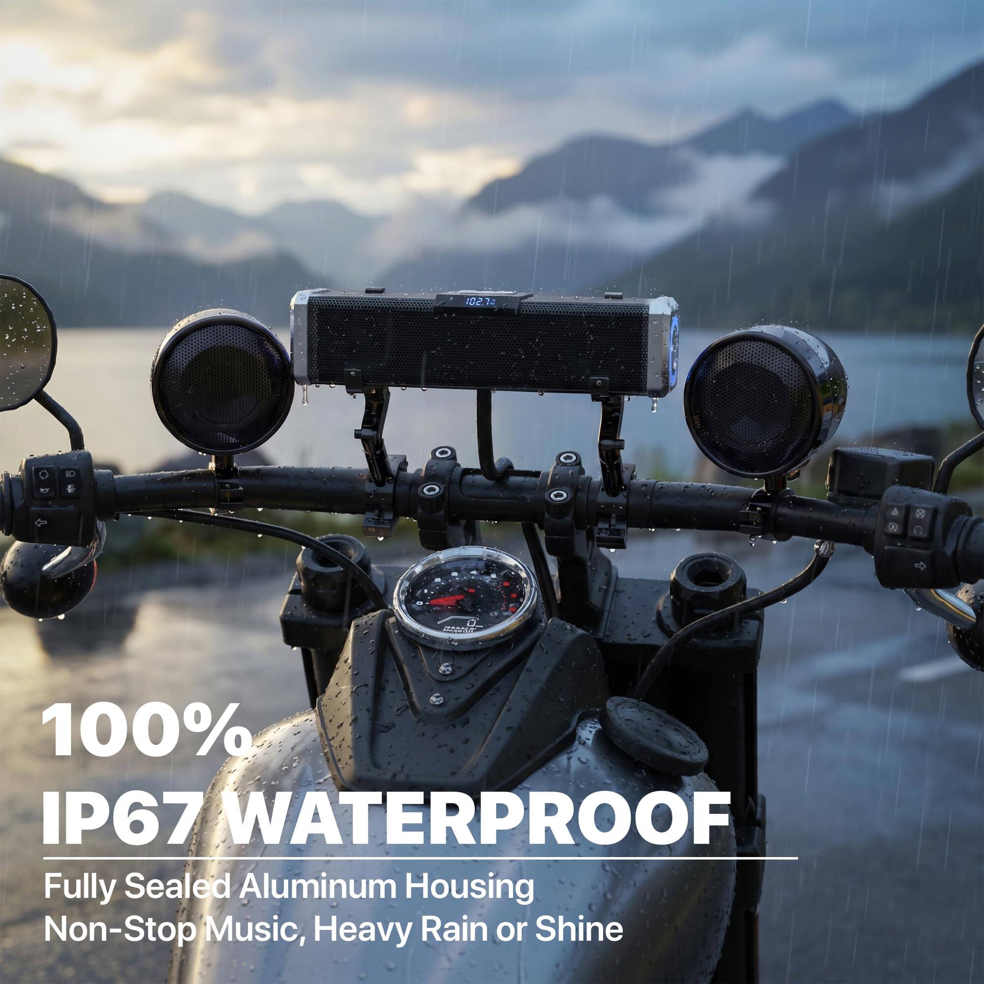 0.2.  
&  
A  

100% IP67 WATERPROOF  
Fully Sealed Aluminum Housing  
Non-Stop Music, Heavy Rain or Shine