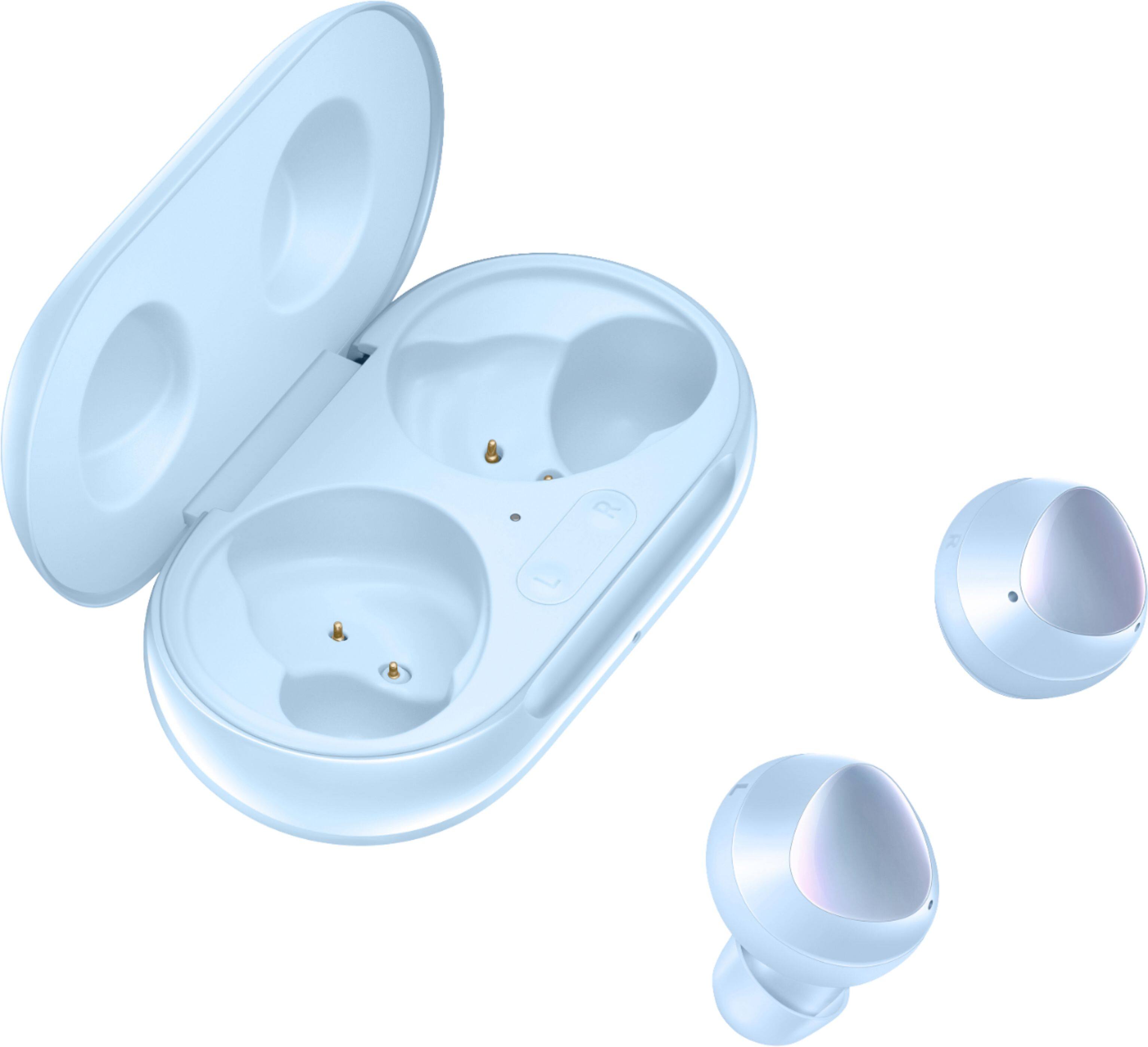 Angle. Samsung - Geek Squad Certified Refurbished Galaxy Buds+ True Wireless Earbud Headphones - Light Blue.