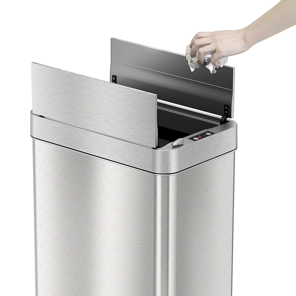 Left View: iTouchless - 13 Gallon Touchless Sensor Wings Lid Trash Can with Pet-Proof Lid and AbsorbX Odor Control, Stainless Steel Kitchen Bin - Silver