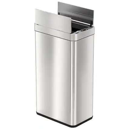 Angle. iTouchless - 18 Gallon Touchless Sensor Wings Lid Trash Can with Pet-Proof Lid and AbsorbX Odor Control, Stainless Steel Kitchen Bin - Silver.