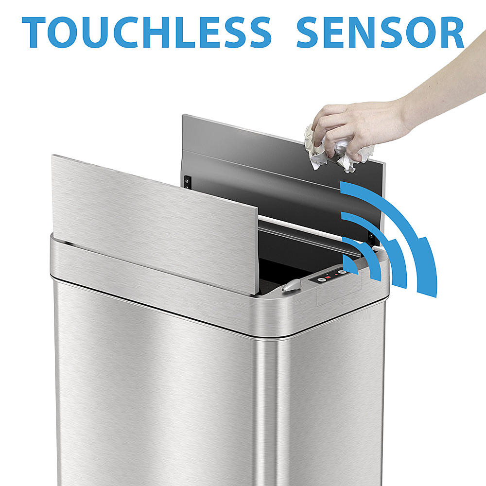 Left View: iTouchless - 18 Gallon Touchless Sensor Wings Lid Trash Can with Pet-Proof Lid and AbsorbX Odor Control, Stainless Steel Kitchen Bin - Silver