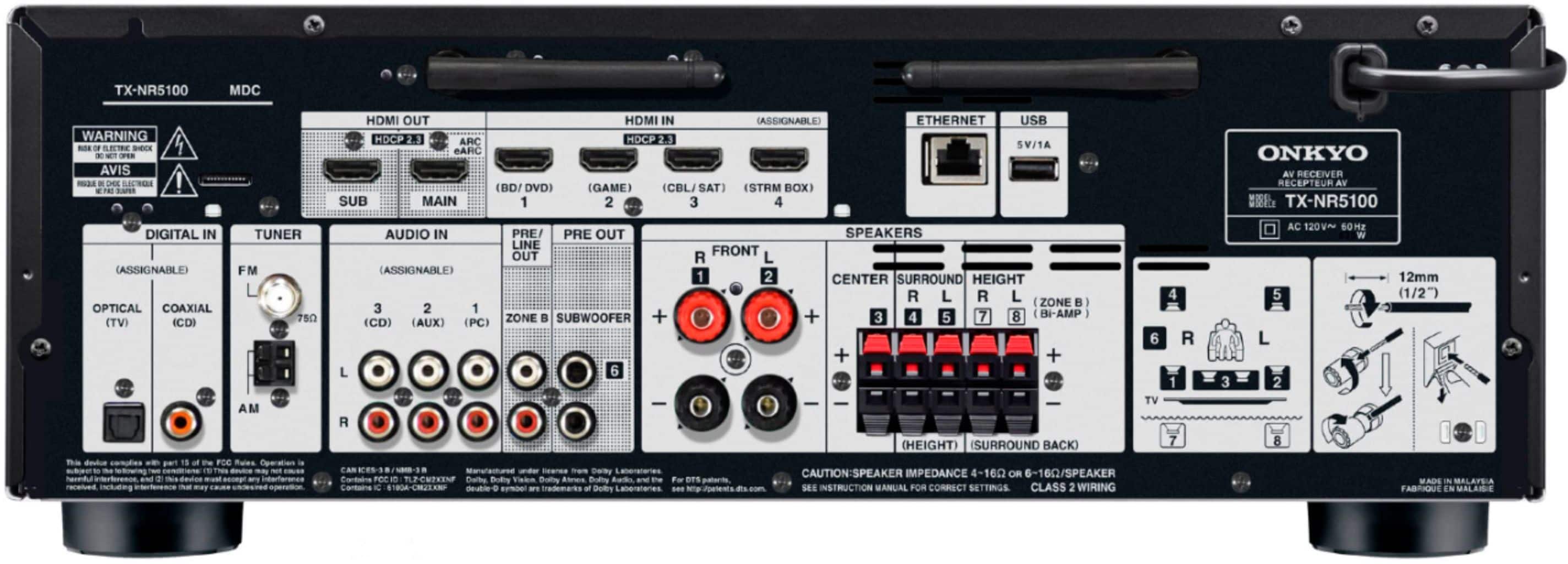 Back. Onkyo - TX-NR5100 80W 7.2-Ch. with Dolby Atmos Home Theater and Gaming AV Receiver with Alexa Compatible - Black.