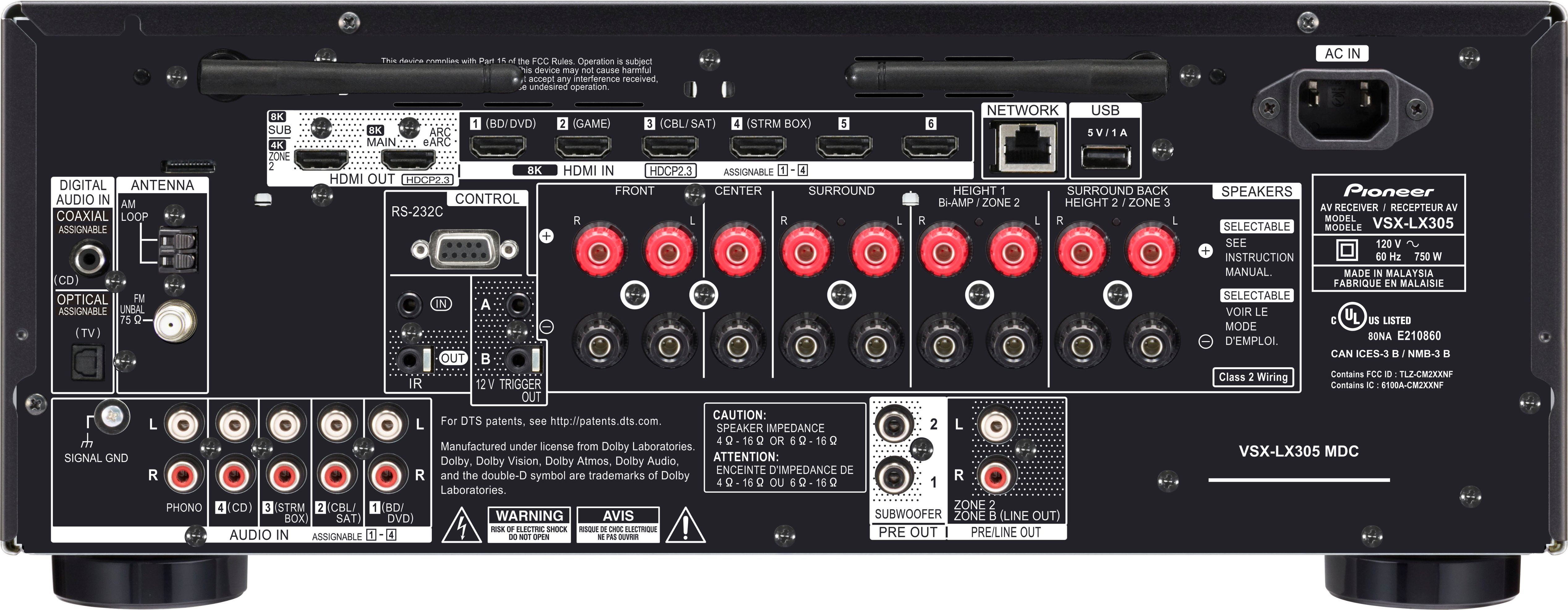 Back View: Pioneer Elite - VSX-LX305 9.2 Channel Network AV Receiver - Black