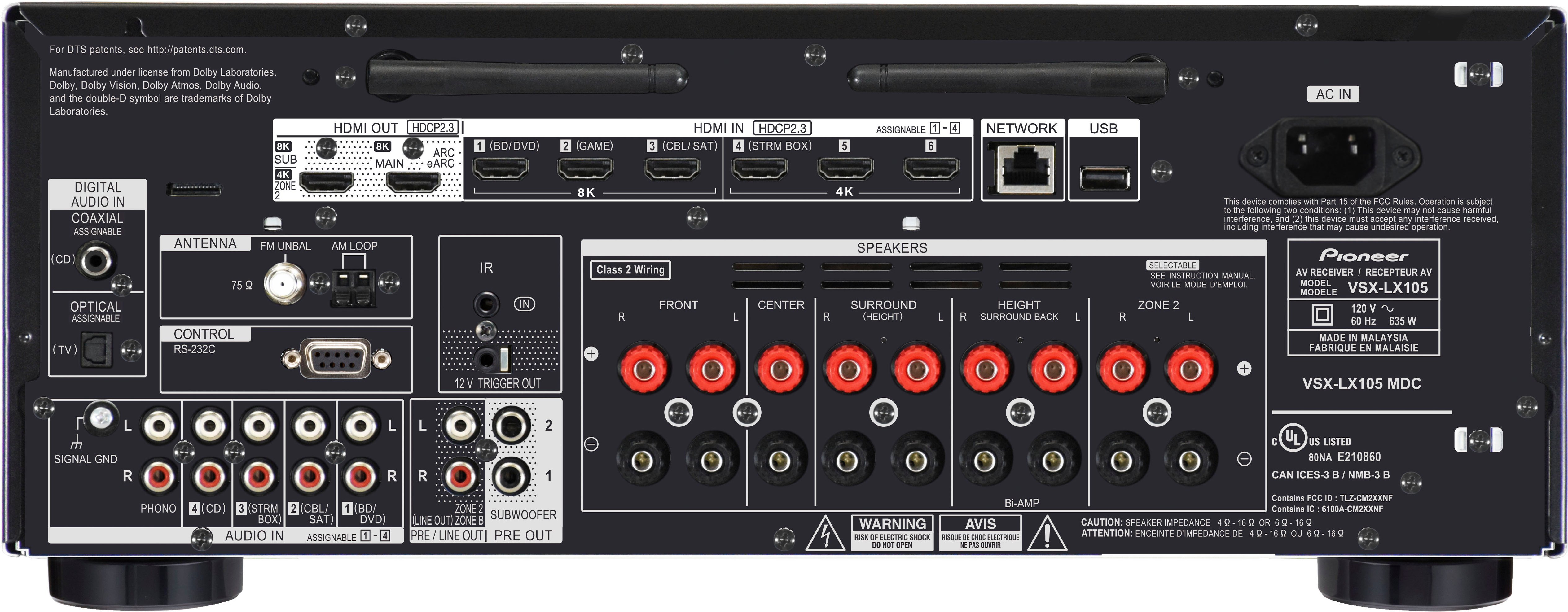 Back View: Pioneer Elite - VSX-LX105 7.2 Channel Network AV Receiver - Black