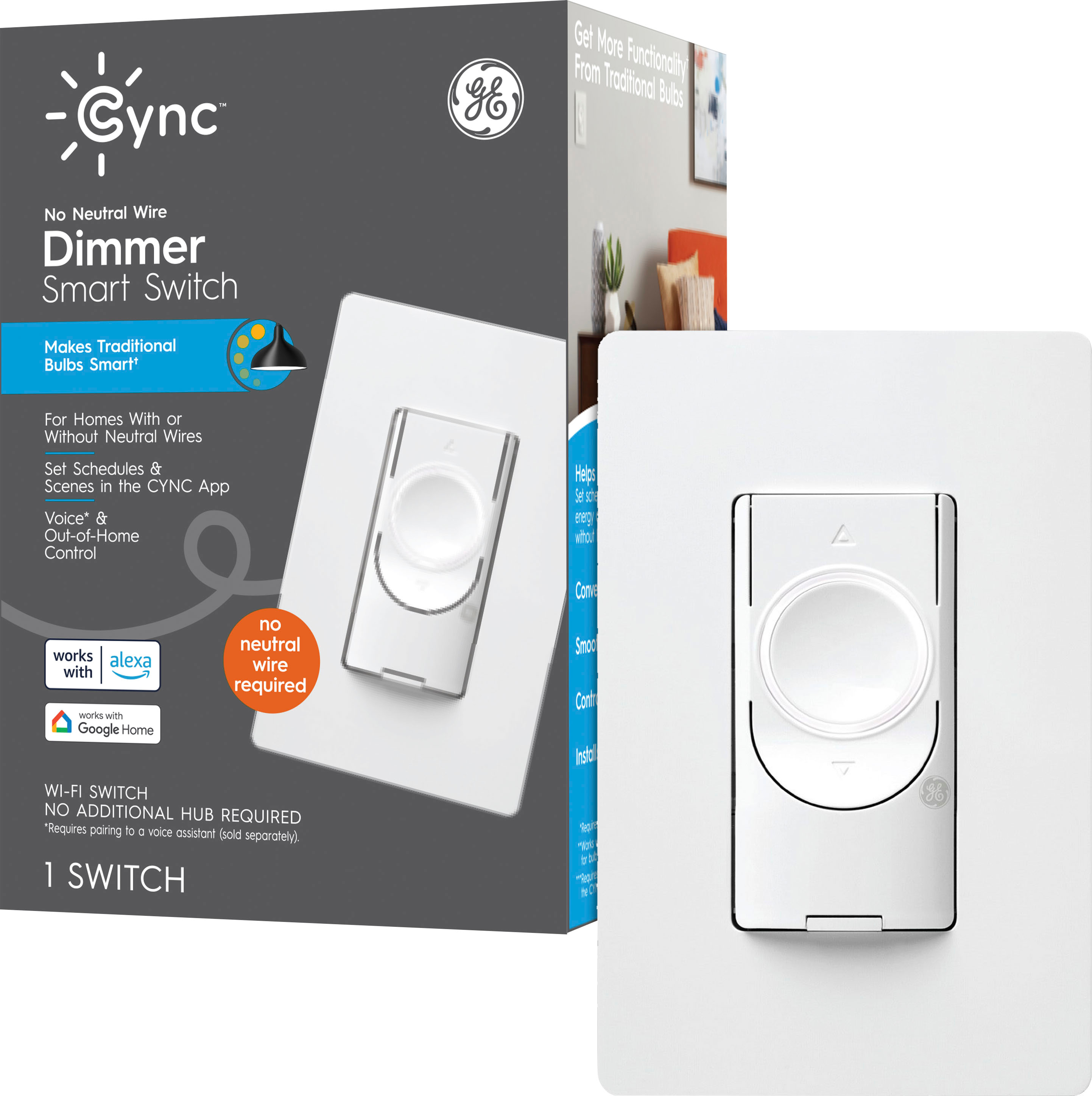 GE - CYNC Dimmer Smart Switch, No Neutral Wire Required, Bluetooth and 2.4GHz Wifi (Packing May Vary) - White