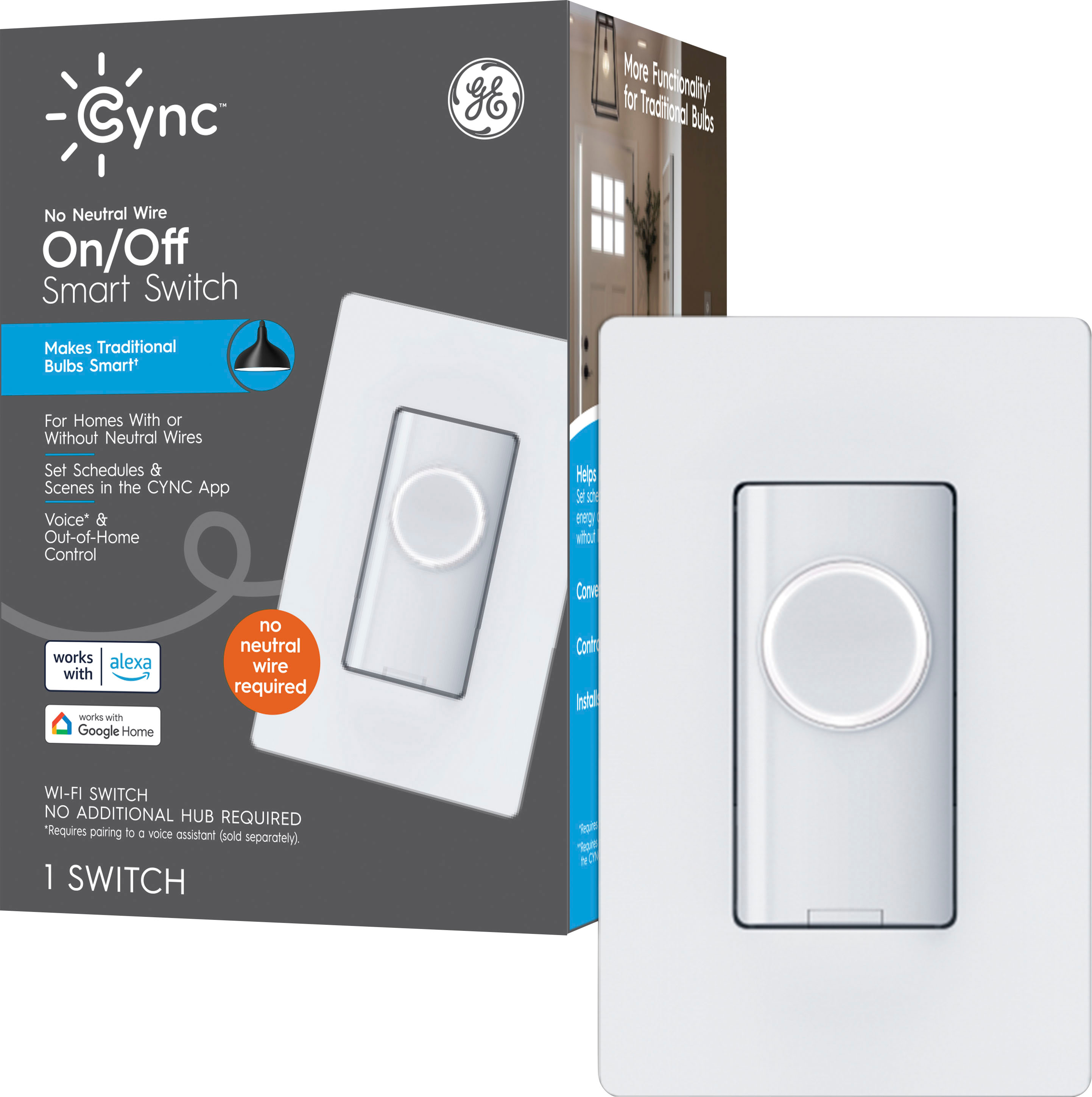 GE CYNC Smart Light Switch On/Off Button Style, No Neutral Wire Required,  Bluetooth and 2.4 GHz Wi-Fi 3-Wire Switch, Works with Alexa and Google Home,  White (1 Pack)