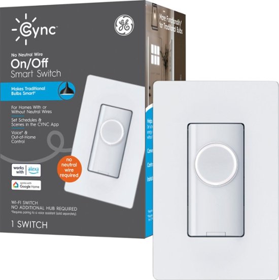 Front Zoom. GE - CYNC Smart Switch, No Neutral Wire Required, On-Off Button Style with Bluetooth and 2.4 GHz Wifi (Packaging May Vary) - White.