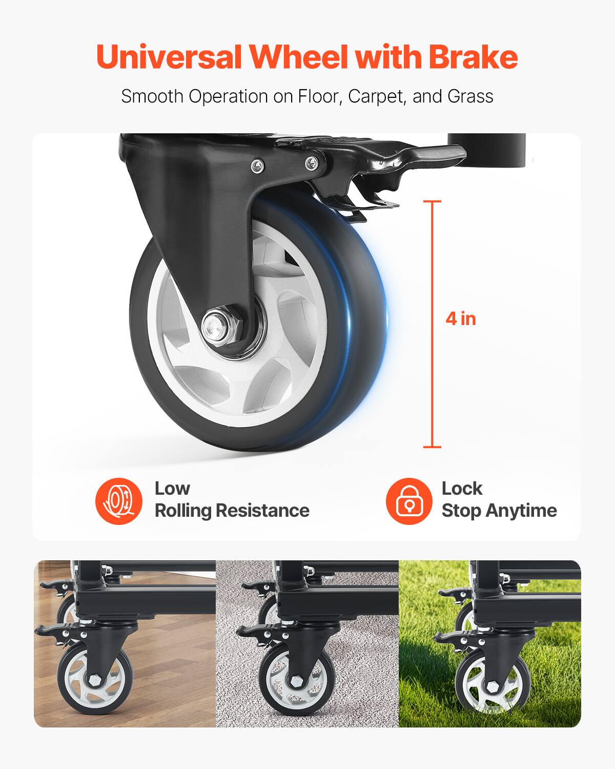 Universal Wheel with Brake, Smooth Operation on Floor, Carpet, and Grass, 4 in, Low Rolling Resistance, Lock Stop Anytime