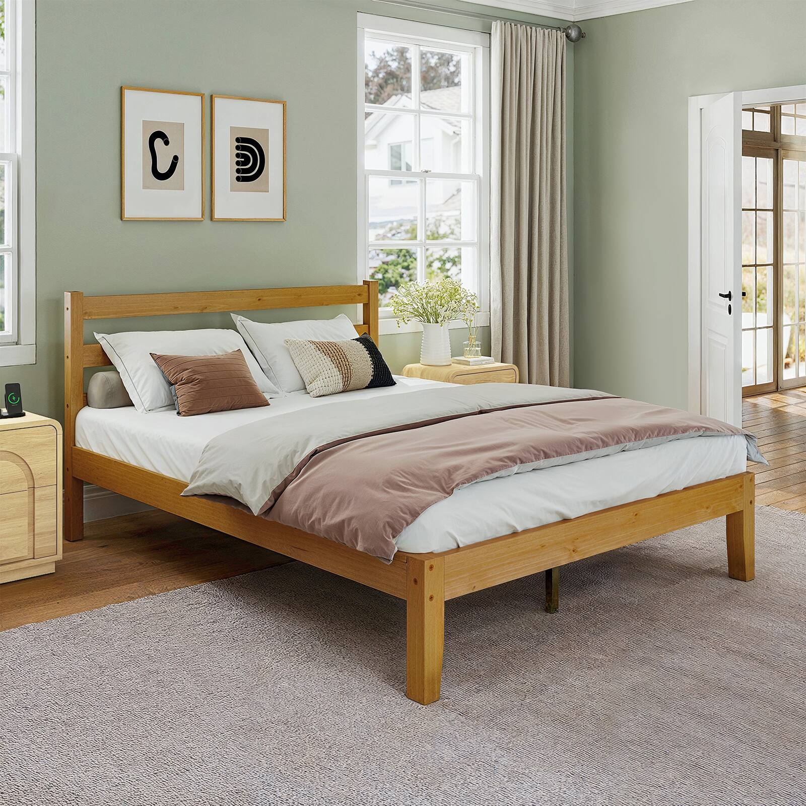 Back. Bestier - Solid Wood Farmhouse Platform Bed Frame with Headboard, No Box Spring Needed, 6.5" Under Bed Storage & Quiet Design - Pine Natural.