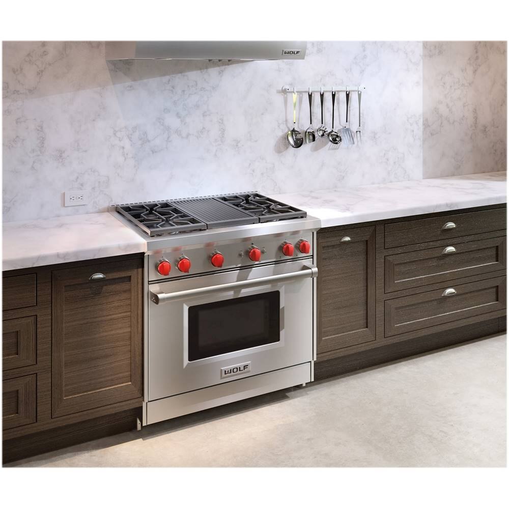 Wolf GR364CLP 36 Inch Pro-Style Gas Range with 5.5 cu. ft. Convection Oven,  4 Dual-Stacked Sealed Burners, Infrared Charbroiler Grill, Infrared  Broiler, Red Control Knobs, Island Trim and Star-K Certified: Liquid Propane