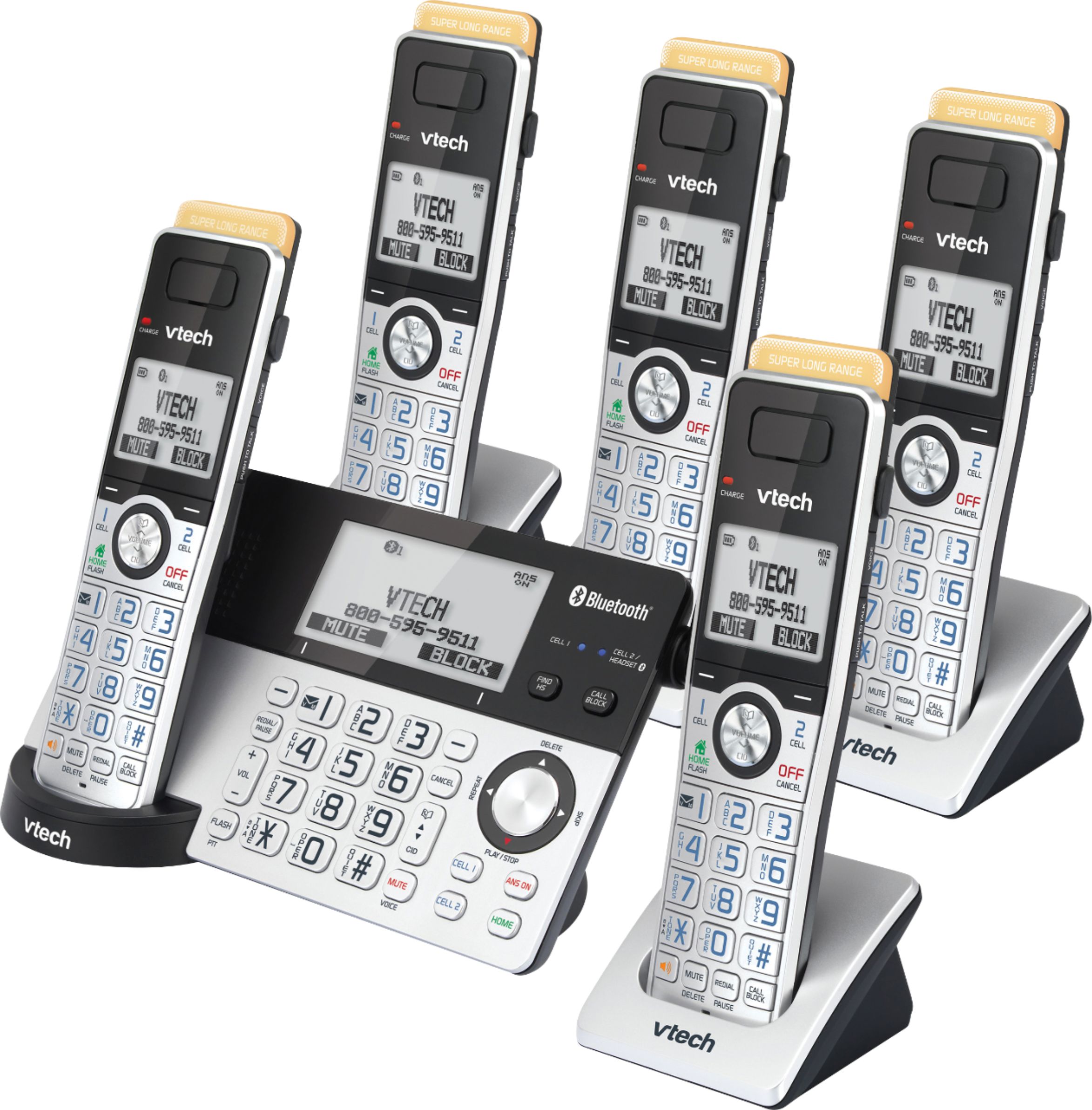 Left View: VTech - 4 Handset Connect to Cell Answering System with Super Long Range - Silver and Black