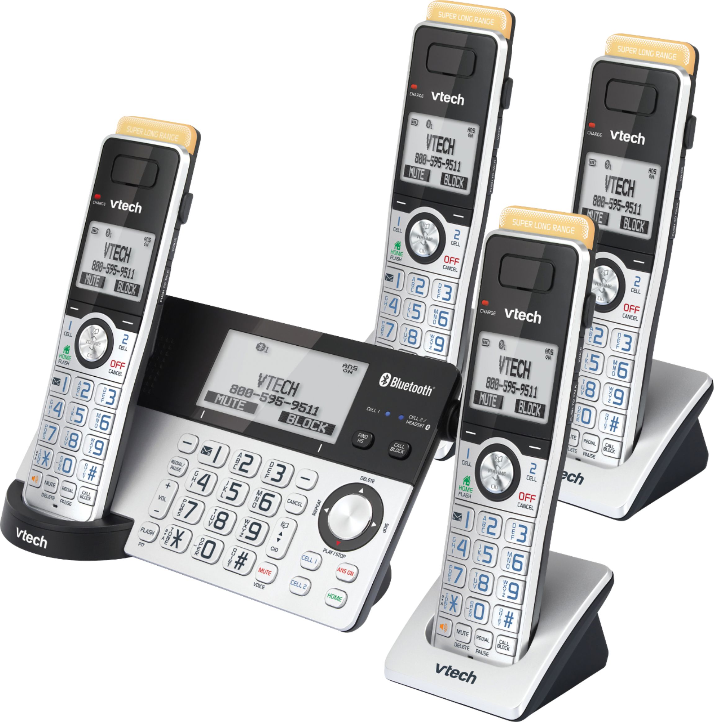 Angle View: VTech - 4 Handset Connect to Cell Answering System with Super Long Range - Silver and Black