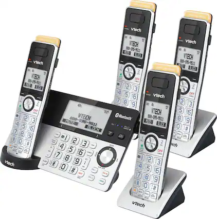 Angle. VTech - 4 Handset Connect to Cell Answering System with Super Long Range - Silver and Black.