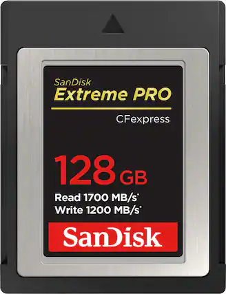 Front. SanDisk - 128GB Extreme PRO CFexpress Memory Card - Black.