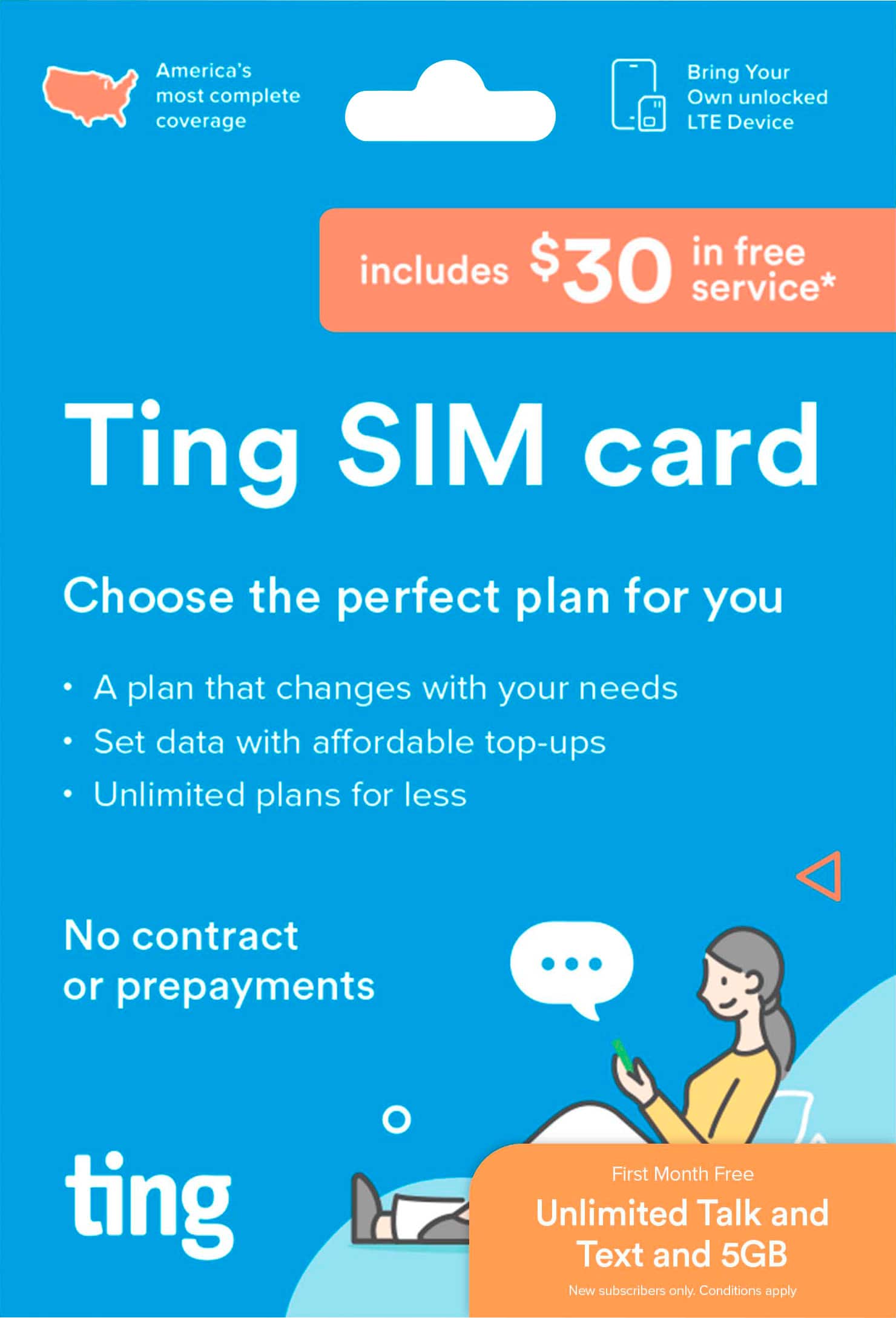 Front. Ting Mobile - Sim Card Kit w/$30 service credit included - Blue.