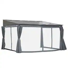 Outsunny - 10' x 13' Outdoor Patio Gazebo with Sloping Polycarbonate Roof, Durable Aluminum Frame, & Netting Curtain - Gray