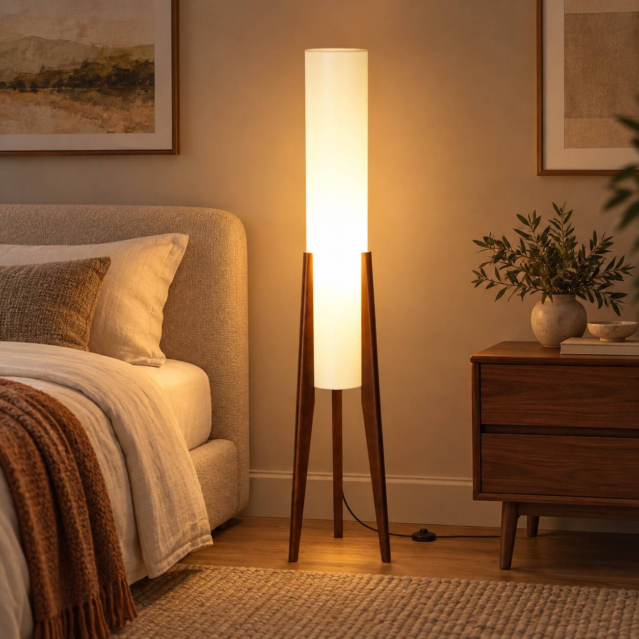 Angle. E.P. Light - 51.2" Mid-Century Modern Walnut Wood Tripod Floor Lamp with Fabric Shade - Brown.