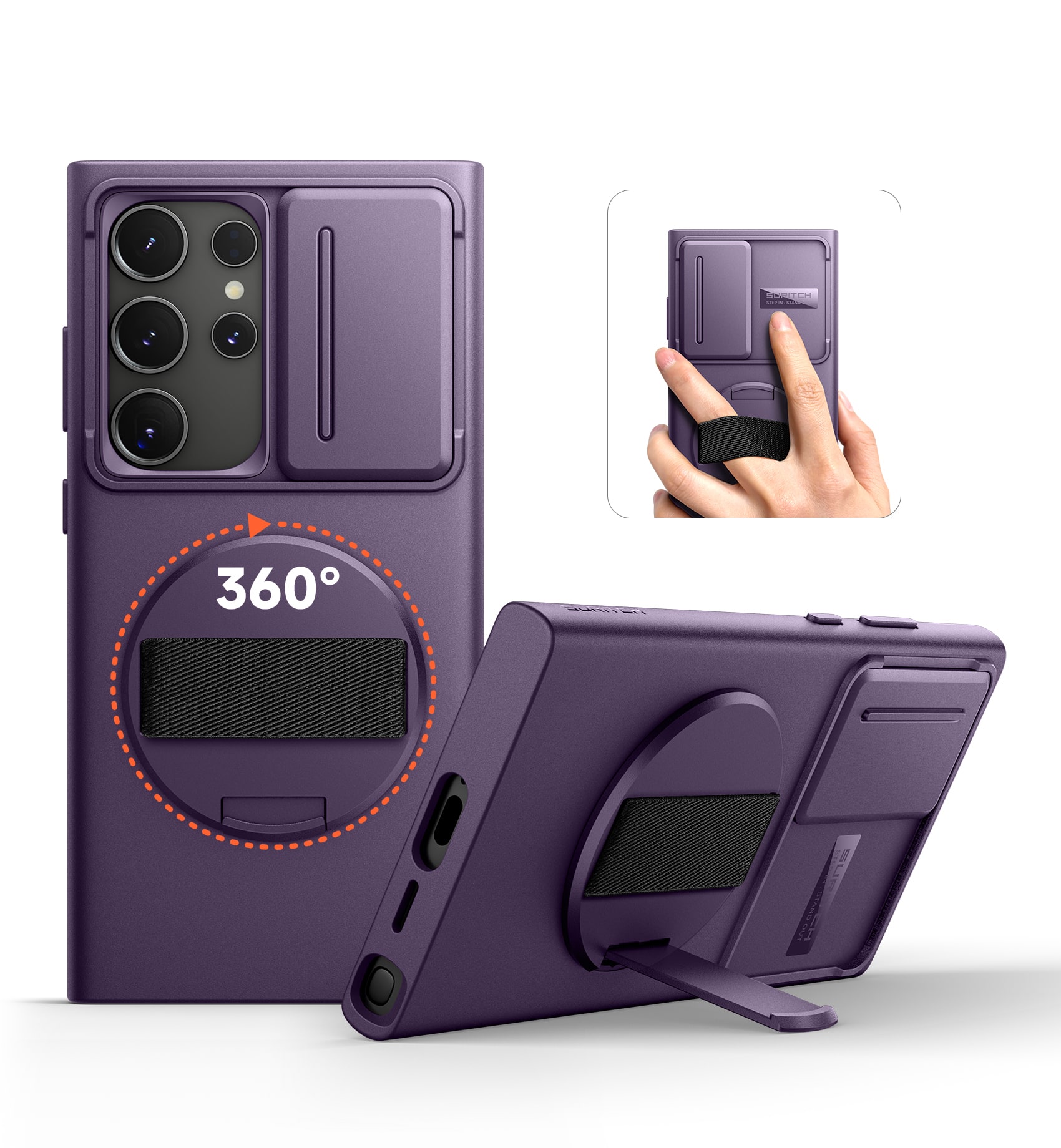 SURITCH - Case for Samsung Galaxy S24 Ultra with 360° Rotatable Hand Strap Phone Grip & Invisible Kickstand & Slide Camera Cover - Purple