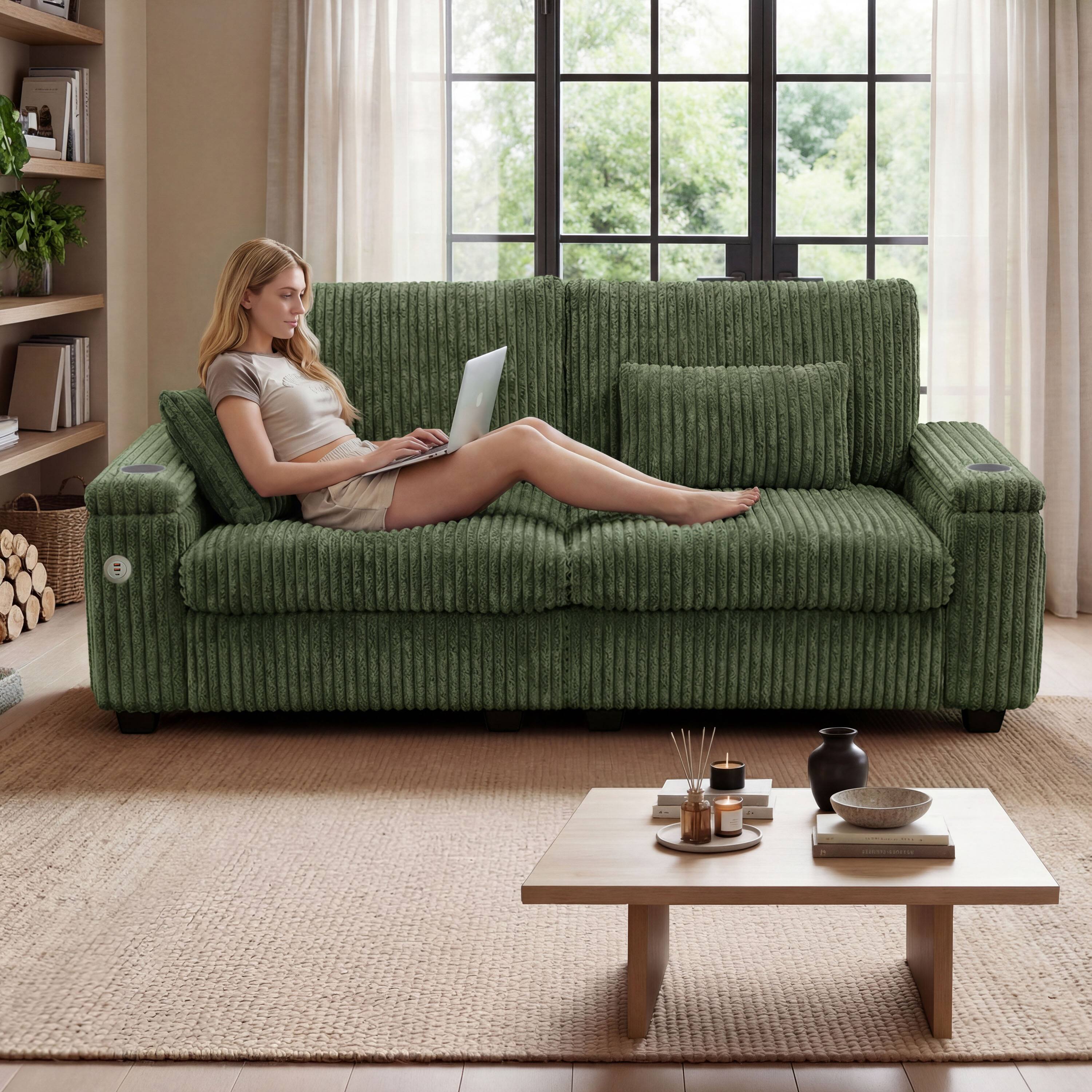 Back. Dyonery - 91" Modern Loveseat Sofa for Living Room, Green Corduroy 2 Seater Sofa with Storage Armrests,USB Charging & Cup Holders - Green.
