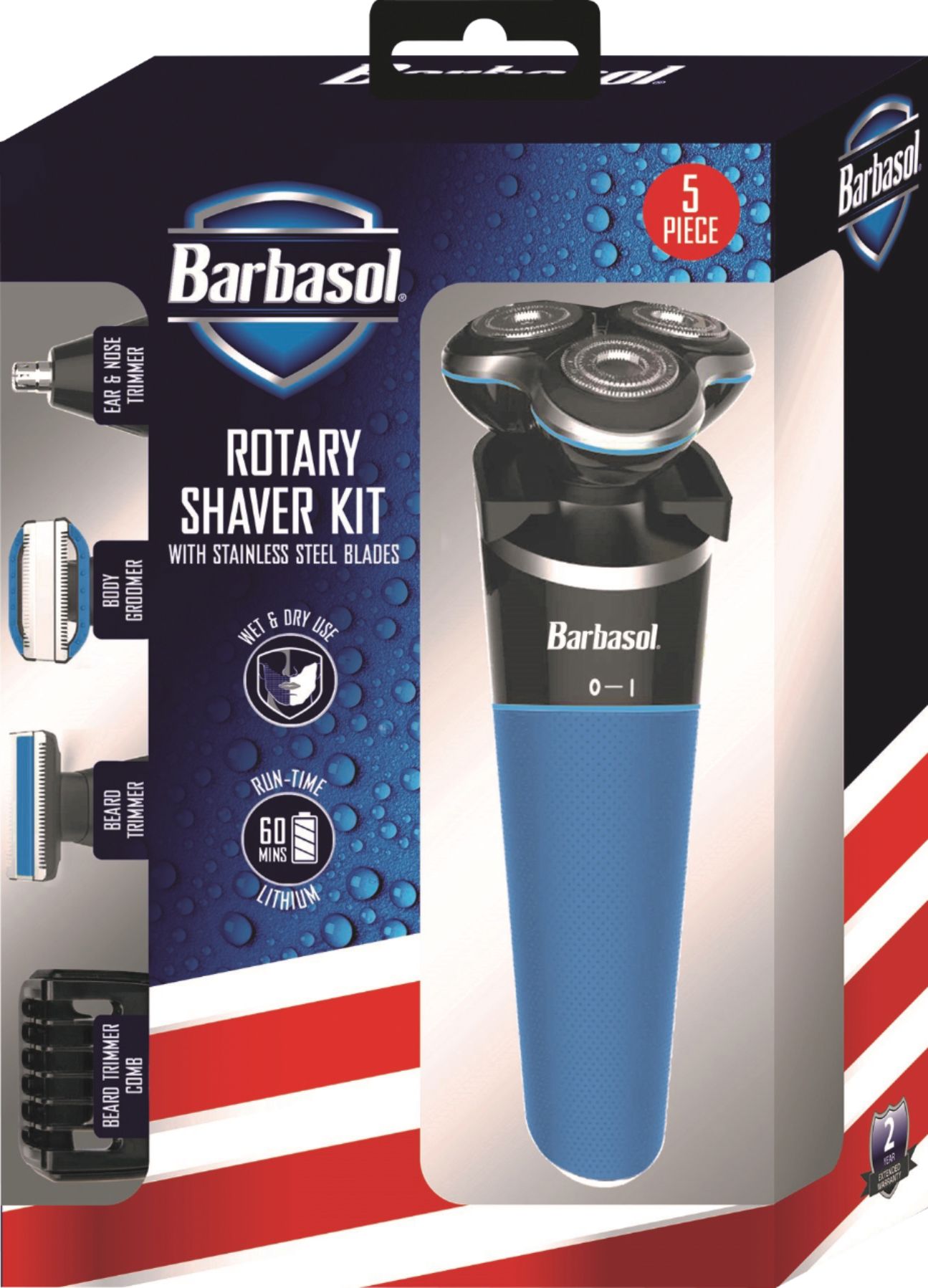 Left View: Barbasol - 5 in 1 Rechargeable Wet/Dry Kit w/ Rotary Shaver, Ear/Nose Trimmer, Body Groomer, Beard Trimmer & Beard Trimmer Comb - Blue