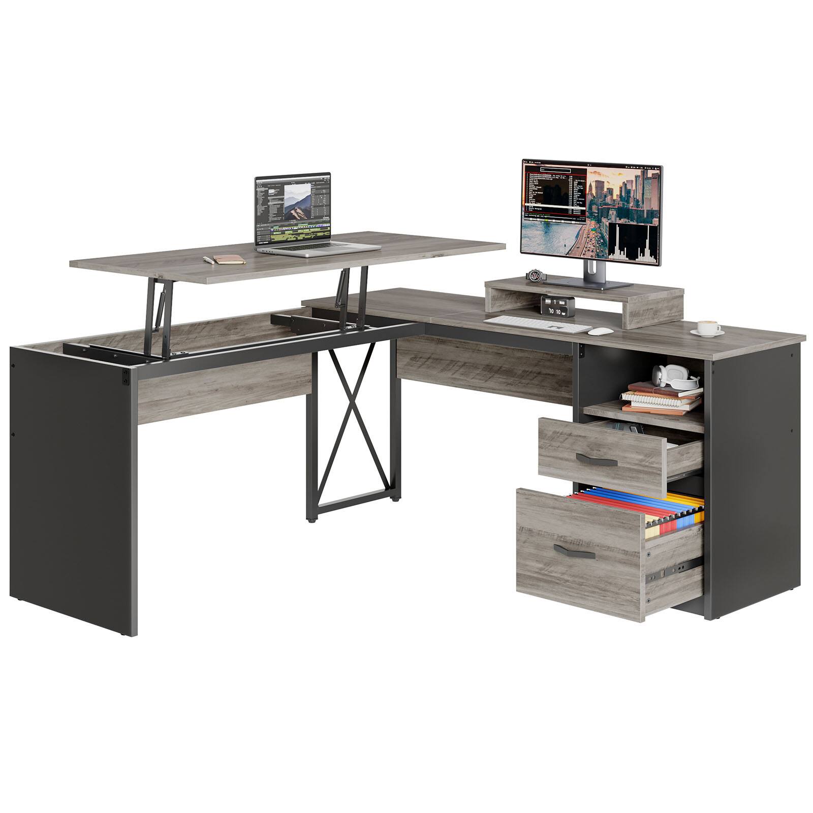 Alt View 16. Bestier - L-Shaped Computer Desk with Drawers and Monitor Stand - Gray.