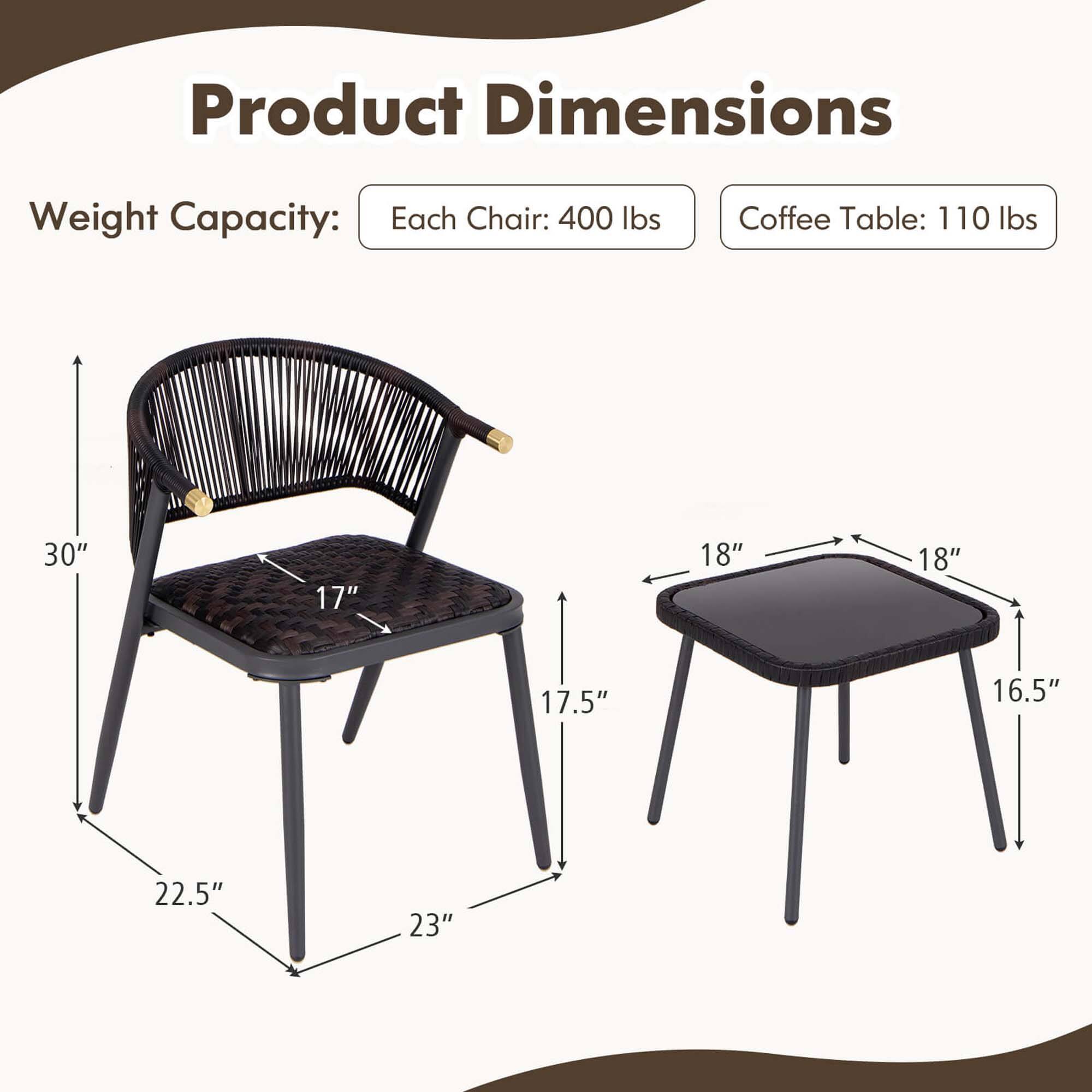 Product Dimensions
Weight Capacity: Each Chair: 400 lbs Coffee Table: 110 lbs
30" 17" 18" 18" 17.5" 16.5" 22.5" 23"