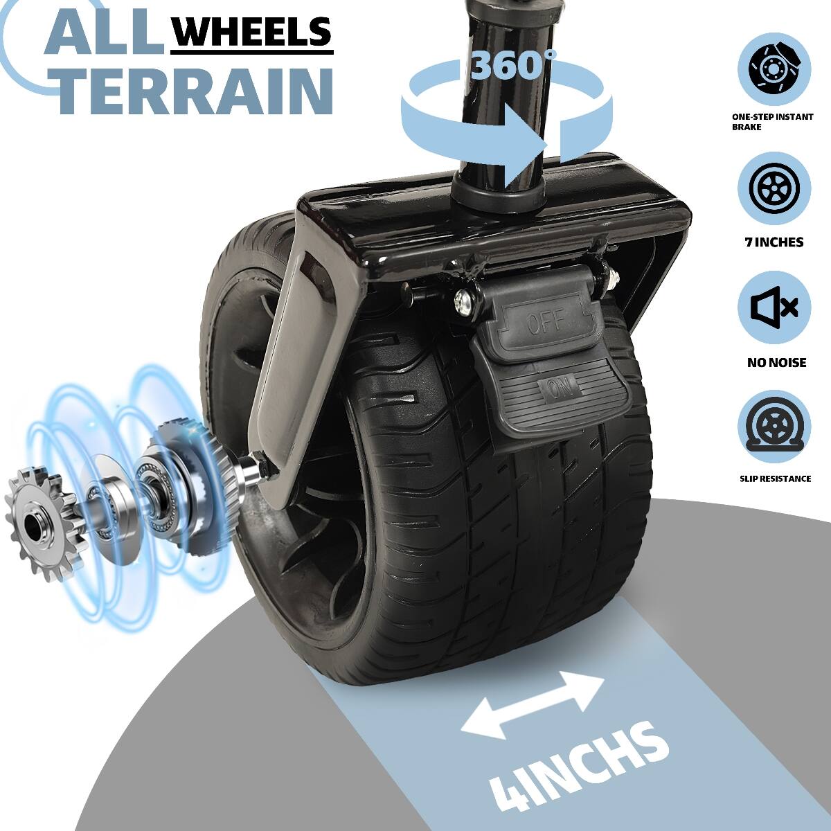 ALL WHEELS TERRAIN  
360°  
ONE-STEP INSTANT BRAKE  
7 INCHES  
OFF ON  
NO NOISE  
SLIP RESISTANCE  
4 INCHES