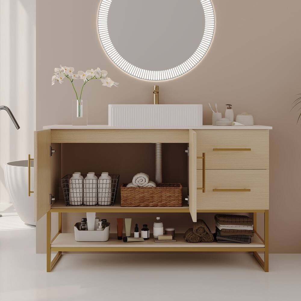 Back. Loheer - Loheer 47.2 inch modern bathroom vanity Ceramic Vessel Sink Gold Accent - American White Oak, Gold, White.