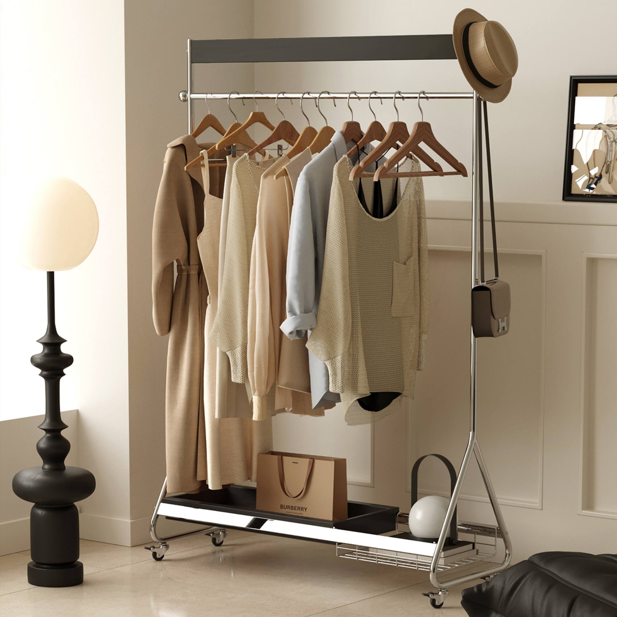Front. GOODSILO - Antique Style Portable Clothes and Hat Rack with Storage Shelf for Bedroom Floor Organization - Black.