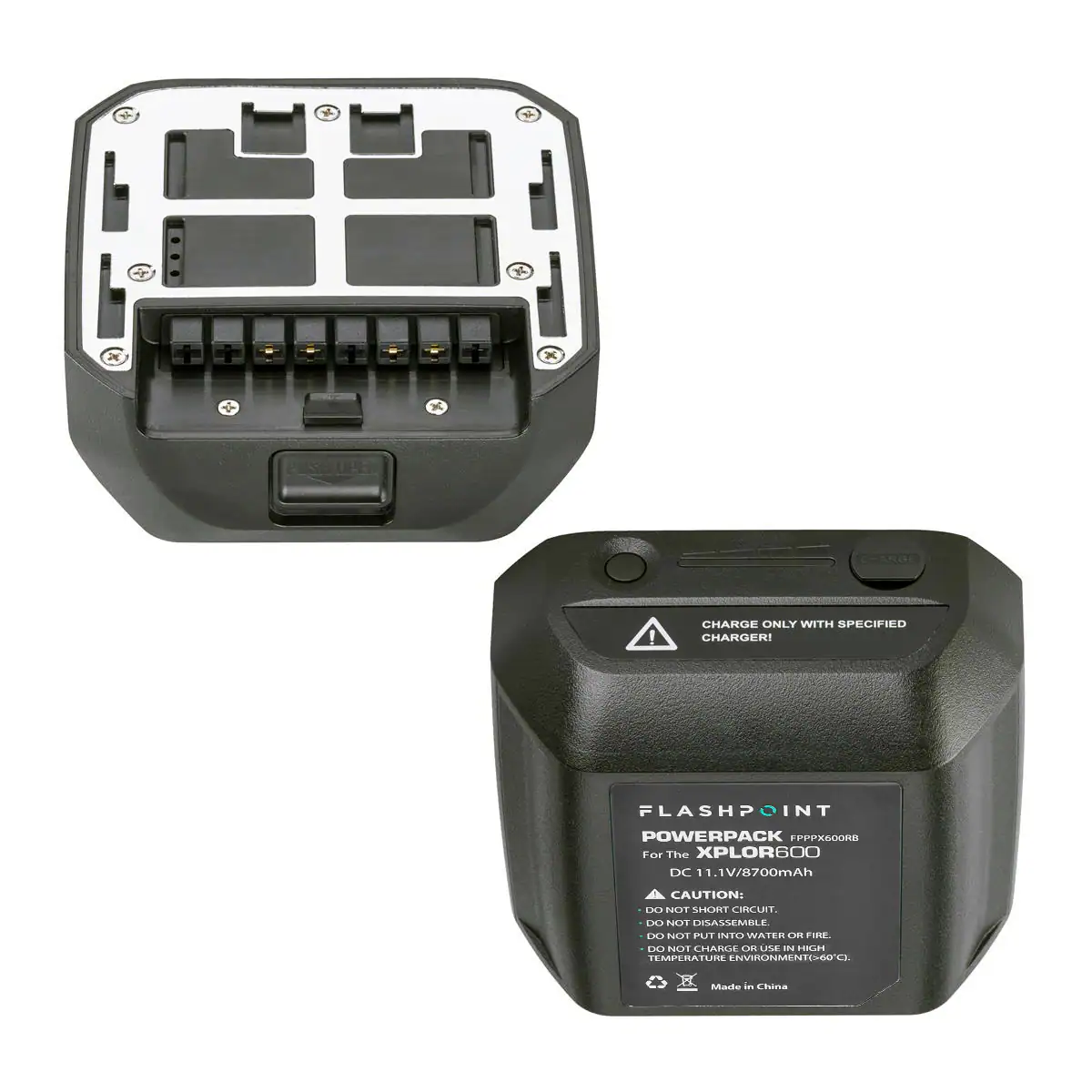 - M K + CHANGE!  
CHARGE ONLY WITH SPECIFIED CHARGER!  
FLASHPOINT POWERPACK FPPPX6008  
For The XPLOR600  
DC 11.1V/8700mAh  
CAUTION:  
- DO NOT SHORT CIRCUIT.  
- DO NOT DISASSEMBLE.  
- DO NOT PUT INTO WATER OR FIRE.  
- DO NOT CHARGE OR USE IN HIGH TEMPERATURE ENVIRONMENT (-10°C to 60°C).  
Made in China