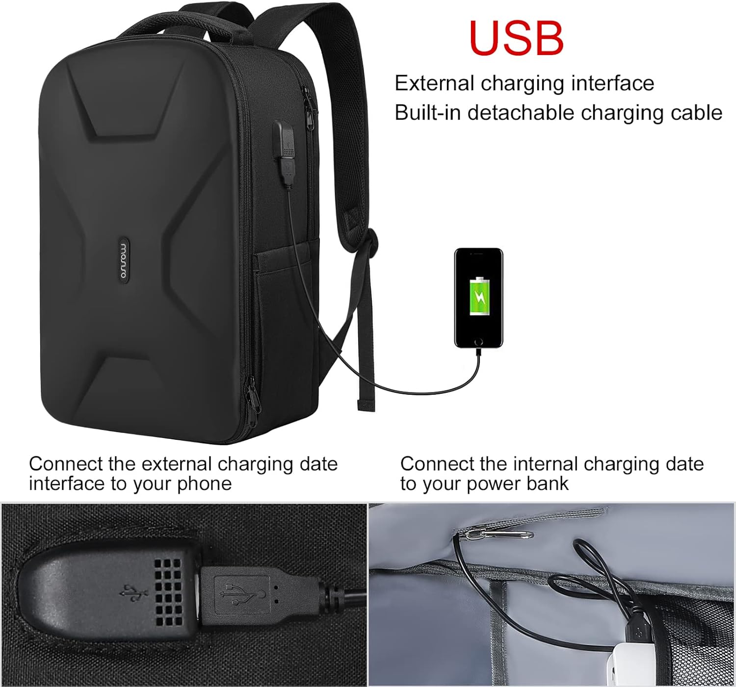 USB External charging interface Built-in detachable charging cable

Connect the external charging date interface to your phone

Connect the internal charging date to your power bank