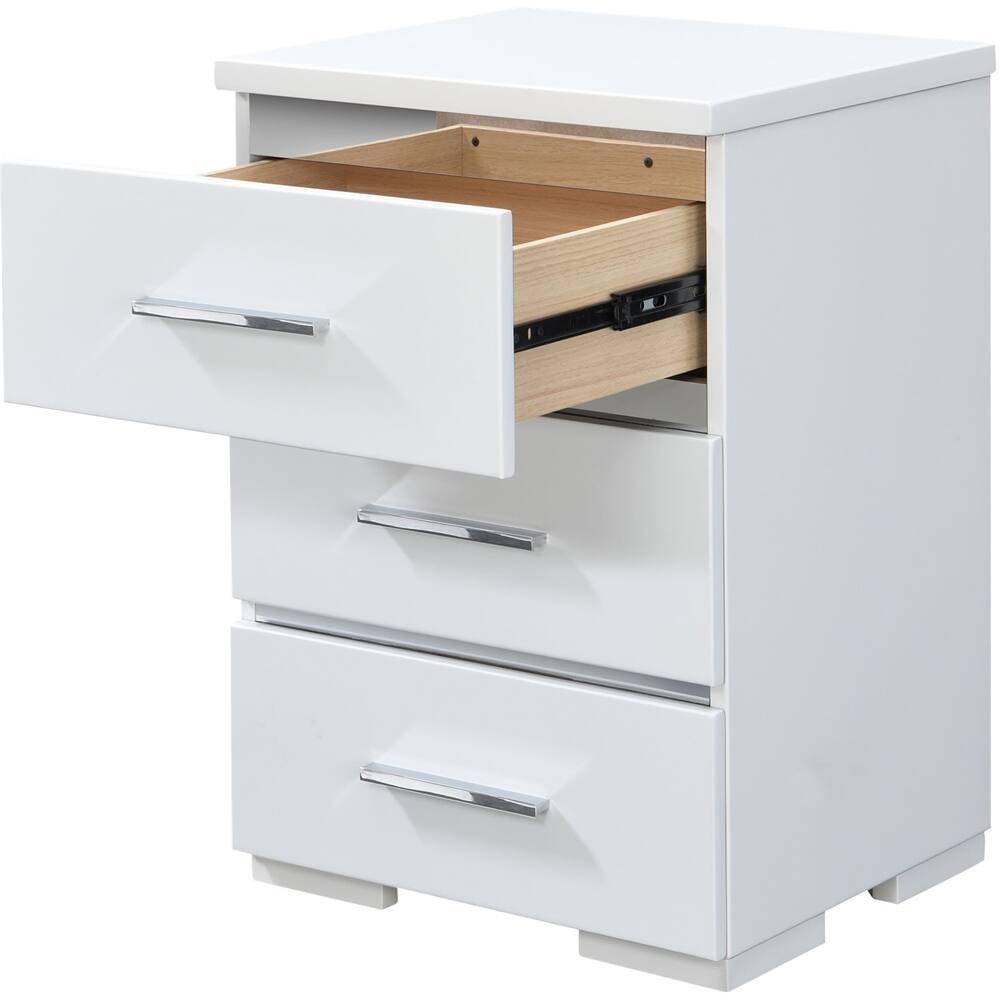 Left. Finch - Belmont Rectangular Modern Contemporary Wood 3-Drawer Night Stand - White.