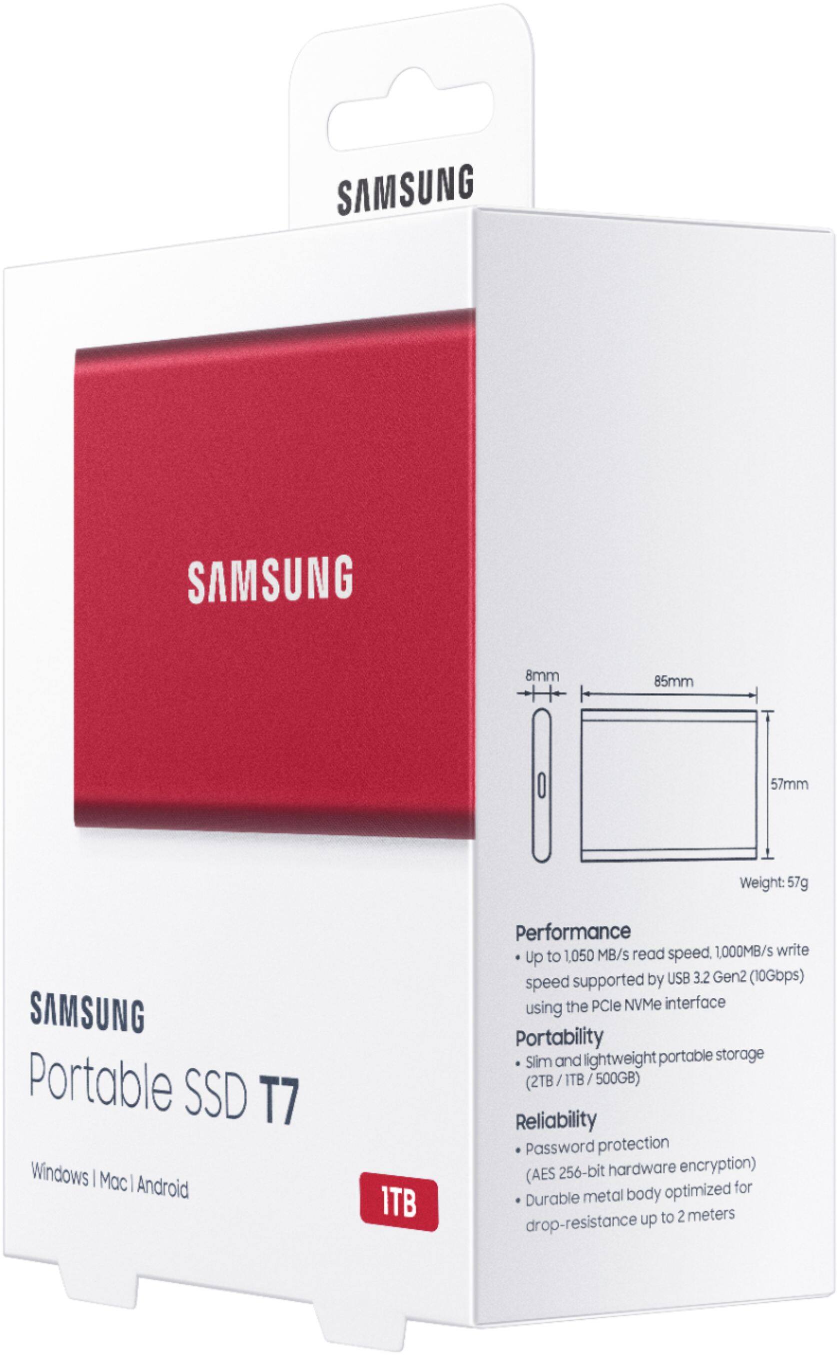 Alt View 18. Samsung - T7 1TB External USB 3.2 Gen 2 Portable SSD with Hardware Encryption - Metallic Red.