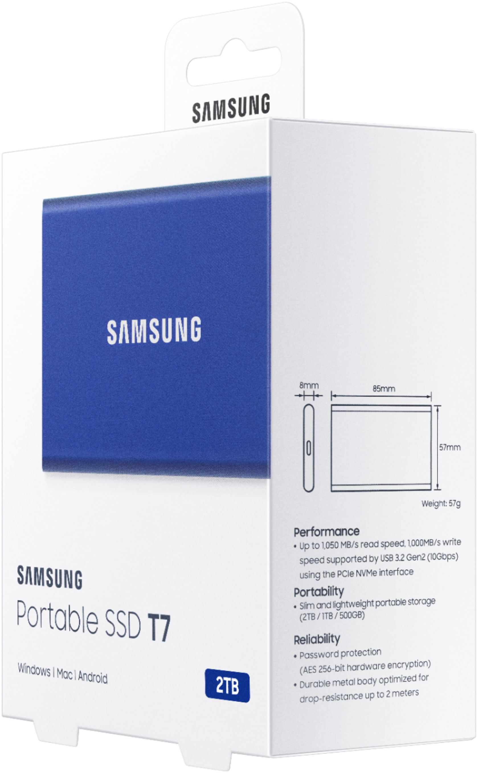 Samsung T7 2TB External USB 3.2 Gen 2 Portable SSD with Hardware Encryption  Indigo Blue MU-PC2T0H/AM - Best Buy