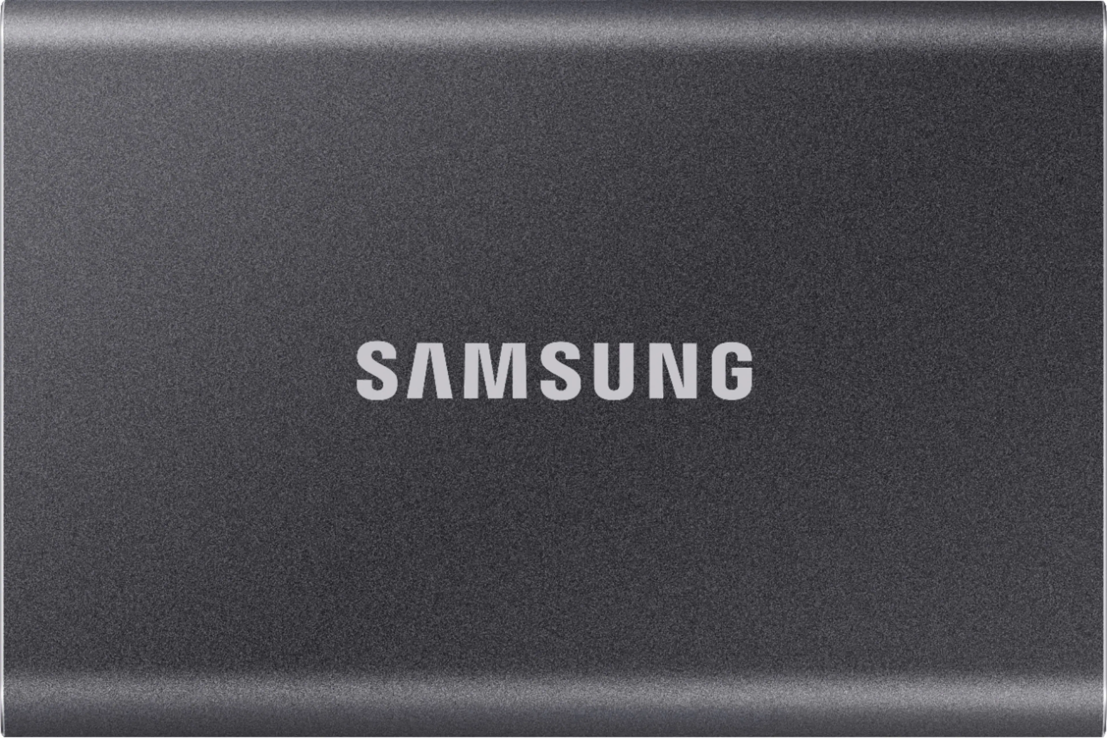 Front. Samsung - T7 1TB External USB 3.2 Gen 2 Portable SSD with Hardware Encryption - Titan Gray.