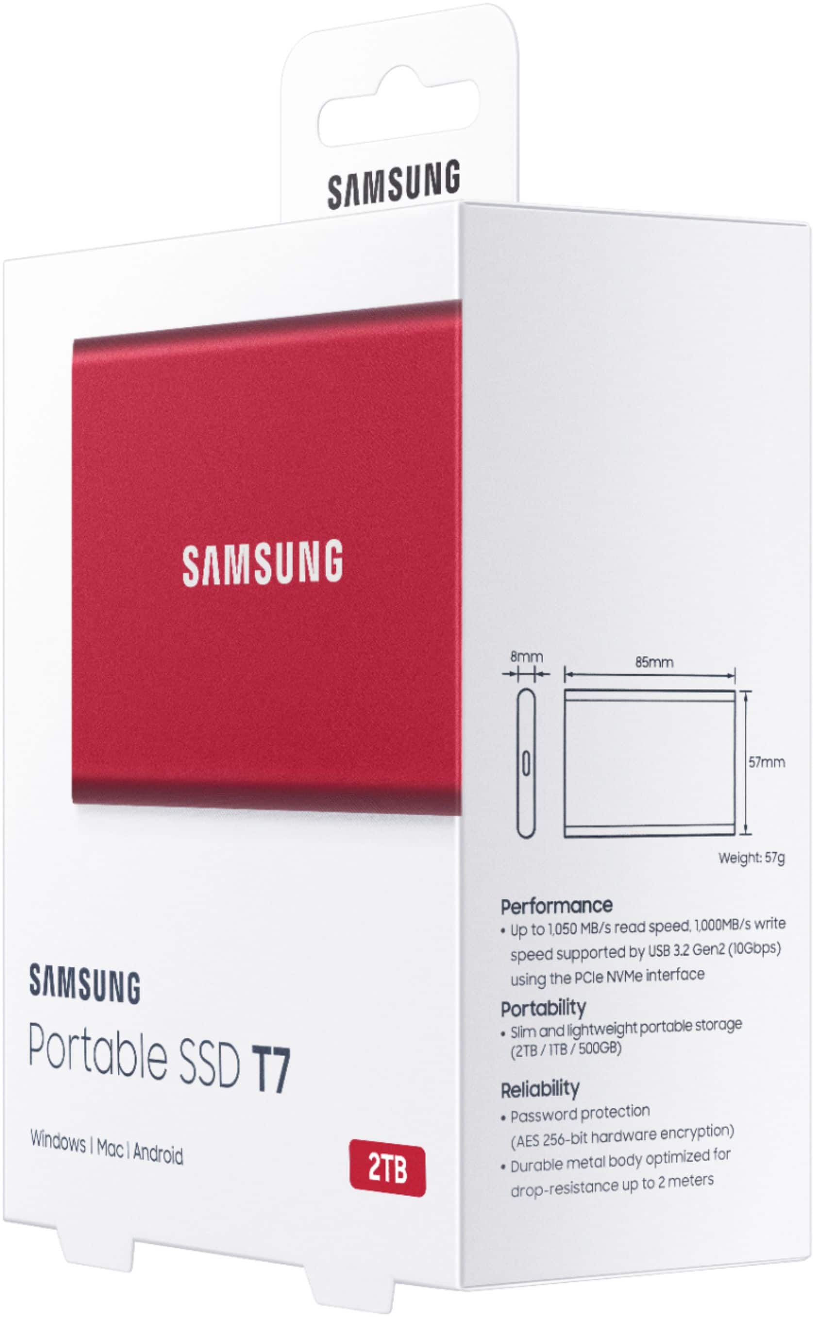 Alt View 18. Samsung - T7 2TB External USB 3.2 Gen 2 Portable SSD with Hardware Encryption - Metallic Red.