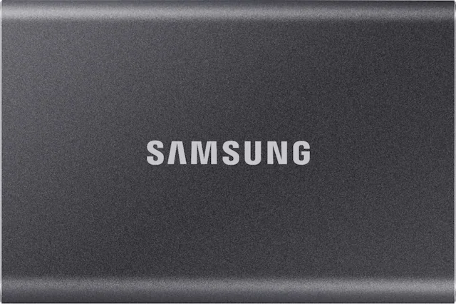 Front. Samsung - T7 2TB External USB 3.2 Gen 2 Portable SSD with Hardware Encryption - Titan Gray.