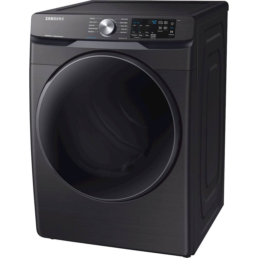 Left View: Samsung - 7.5 Cu. Ft. Stackable Electric Dryer with Steam and Sensor Dry - Black stainless steel