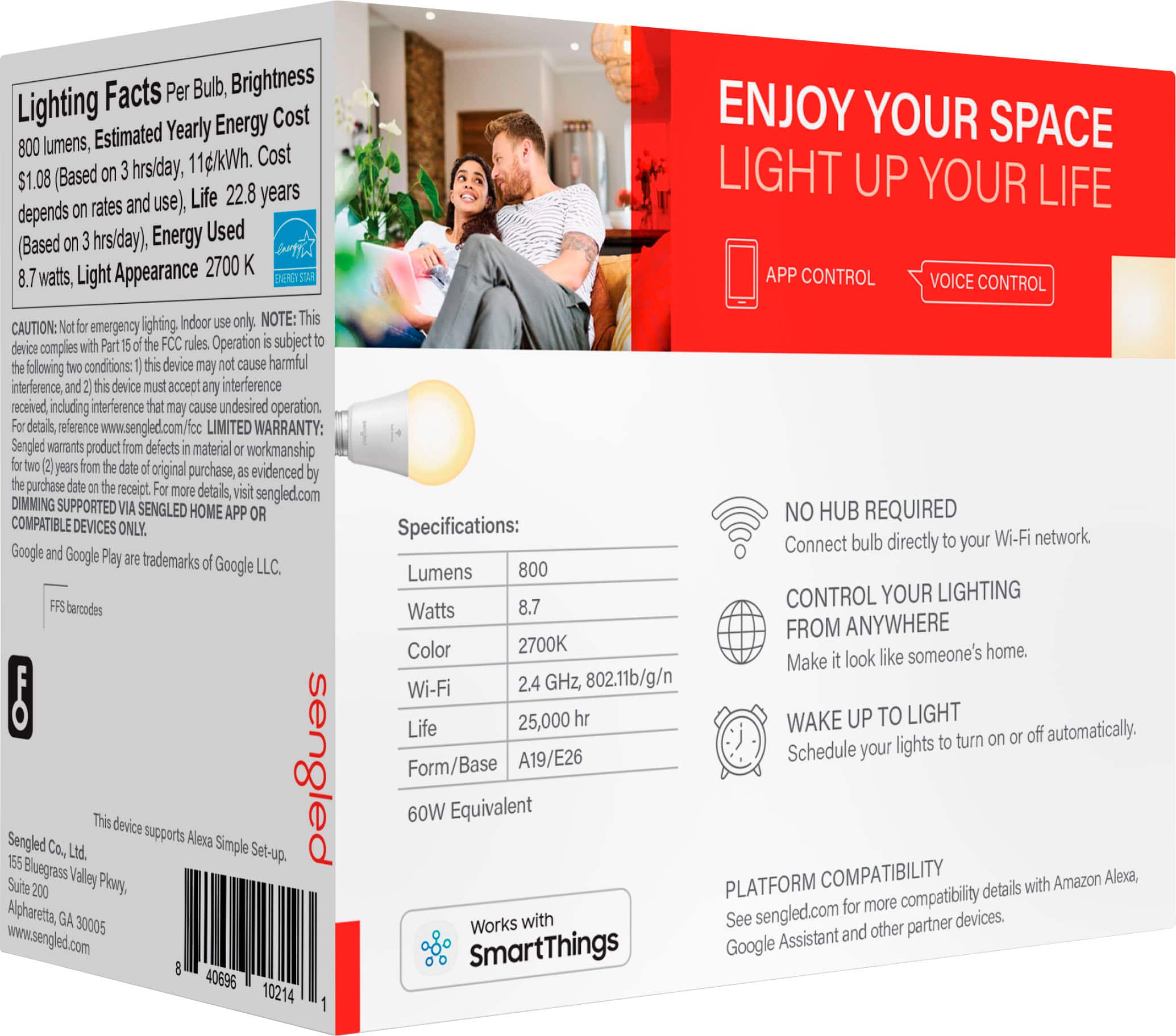 Left. Sengled - Smart A19 LED 60W Bulbs Wi-Fi Works with Amazon Alexa & Google Assistant (2-Pack) - Soft White.