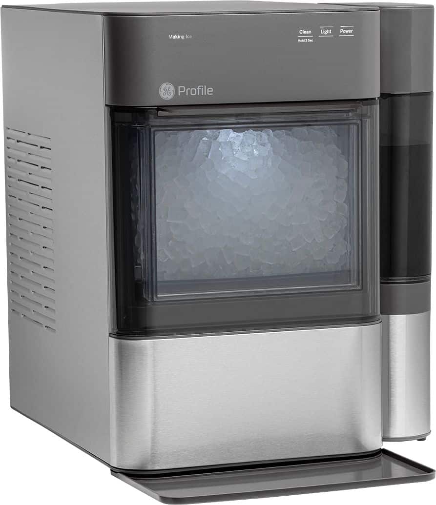 Left. GE Profile - Opal 2.0 38-lb. Portable Ice maker with Nugget Ice Production, Side Tank and Built-in WiFi - Stainless Steel.