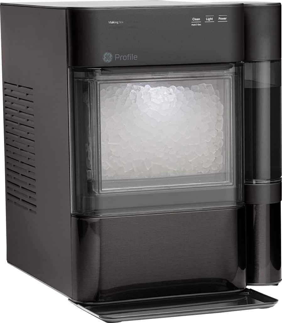 Angle. GE Profile - Opal 2.0 38-lb. Portable Ice maker with Nugget Ice Production, Side Tank, and Built-in WiFi - Black Stainless.