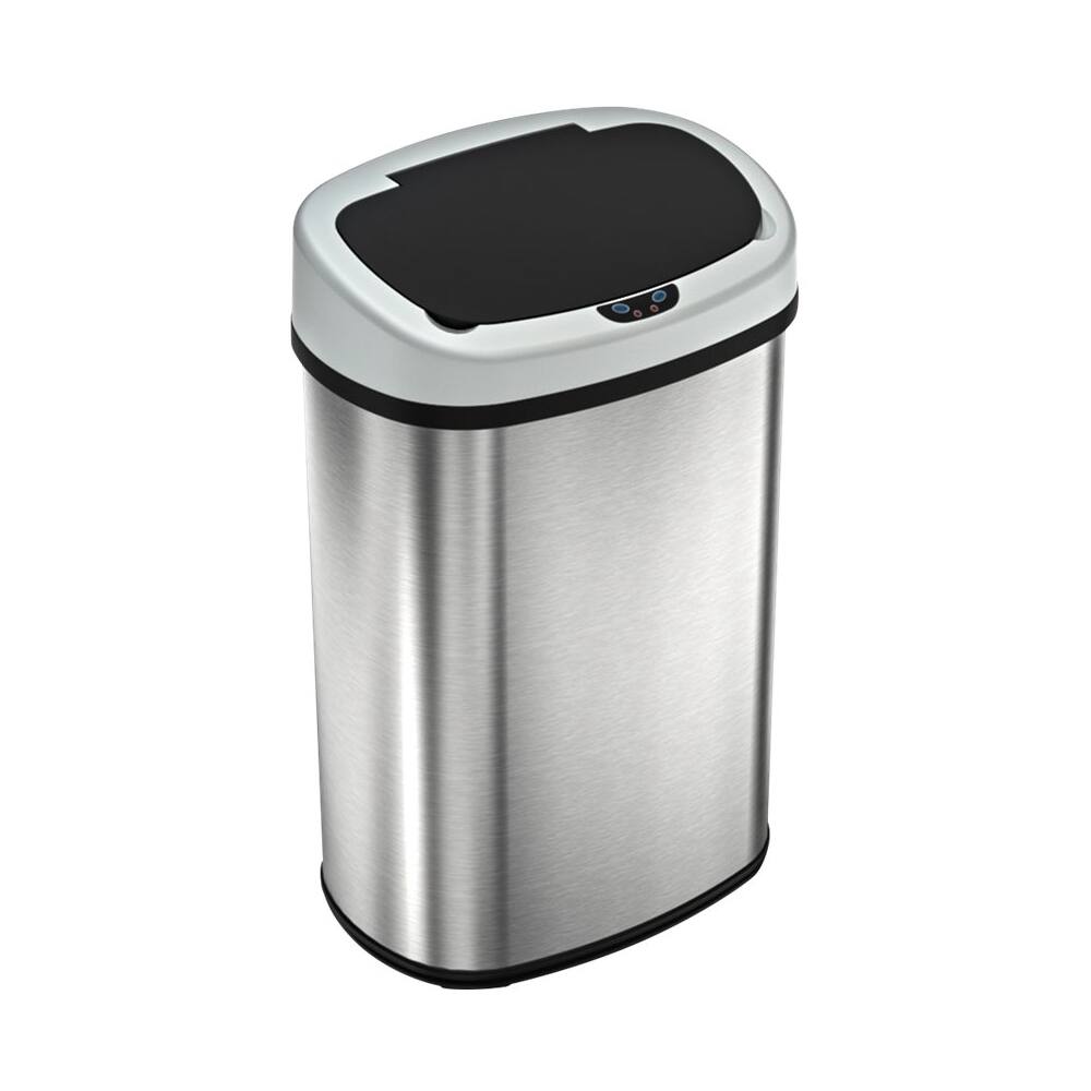 Angle. iTouchless - 13 Gallon Touchless Sensor Trash Can with AbsorbX Odor Control System, Stainless Steel Oval Shape Kitchen Bin - Silver.
