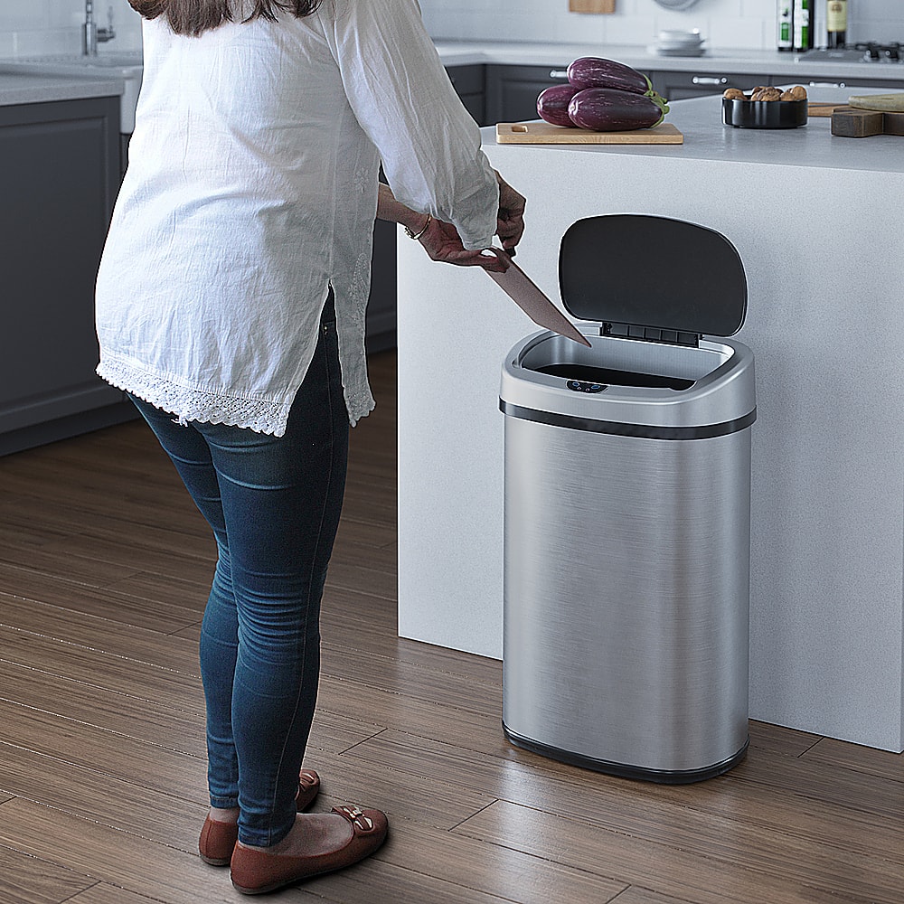 Alt View 12. iTouchless - 13 Gallon Touchless Sensor Trash Can with AbsorbX Odor Control System, Stainless Steel Oval Shape Kitchen Bin - Silver.