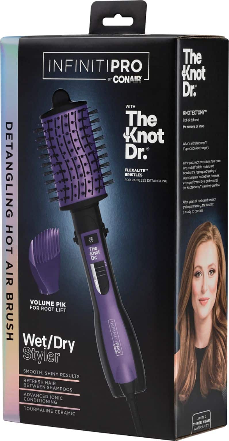 Left. Conair - InfinitiPRO Knot Dr. Detangling Hot Air All-in-One Dryer Brush - Purple And Black.
