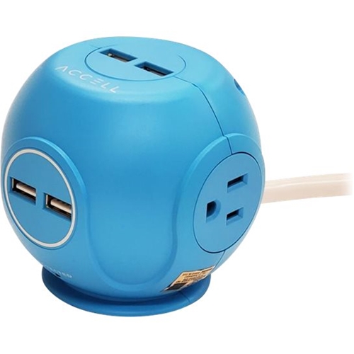 Accell - Power Cutie Compact Surge Protector with 4 USB ports, 3 outlets and 6 foot cord - Light Blue