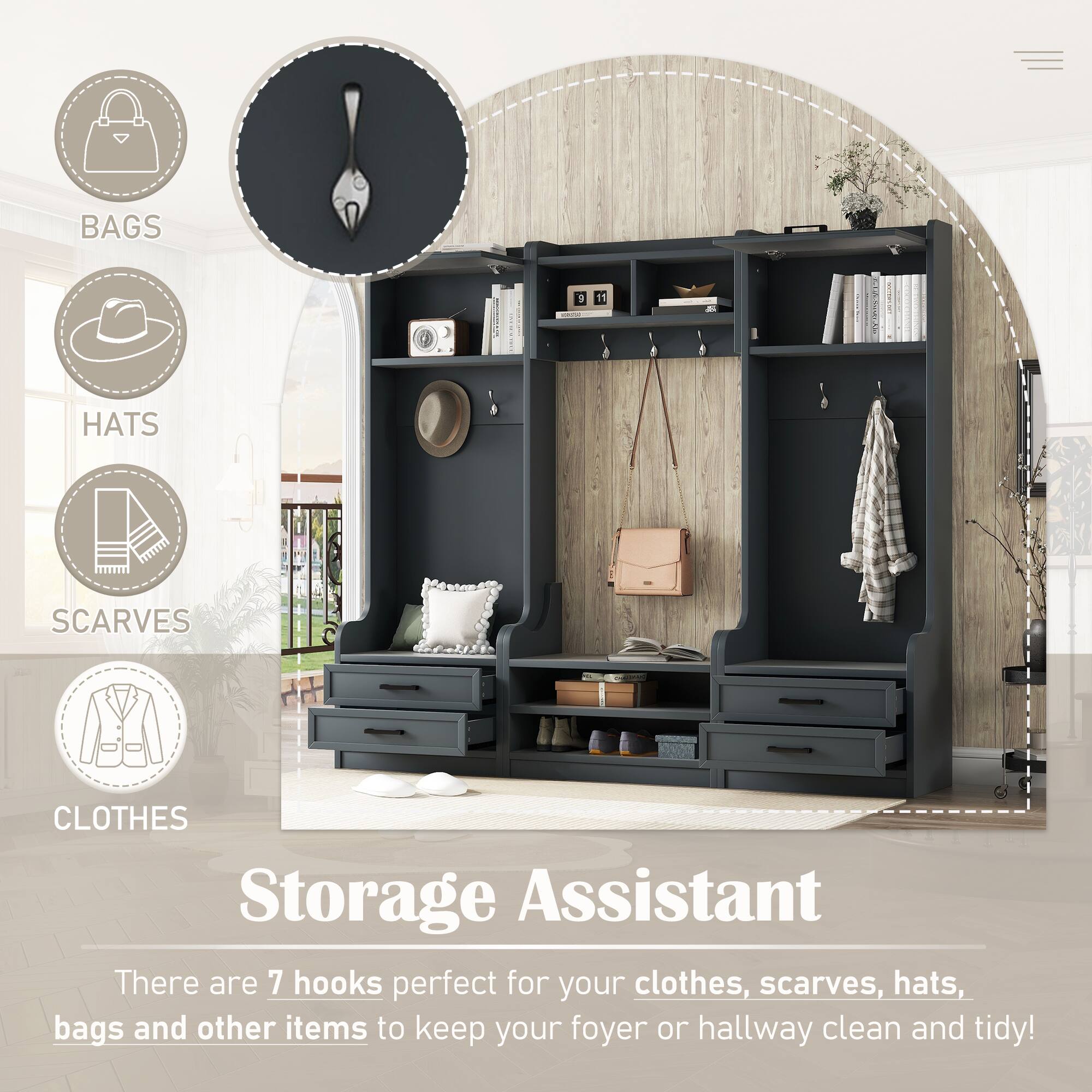 BAGS  
HATS  
SCARVES  
CLOTHES  

Storage Assistant  

There are 7 hooks perfect for your clothes, scarves, hats, bags and other items to keep your foyer or hallway clean and tidy!