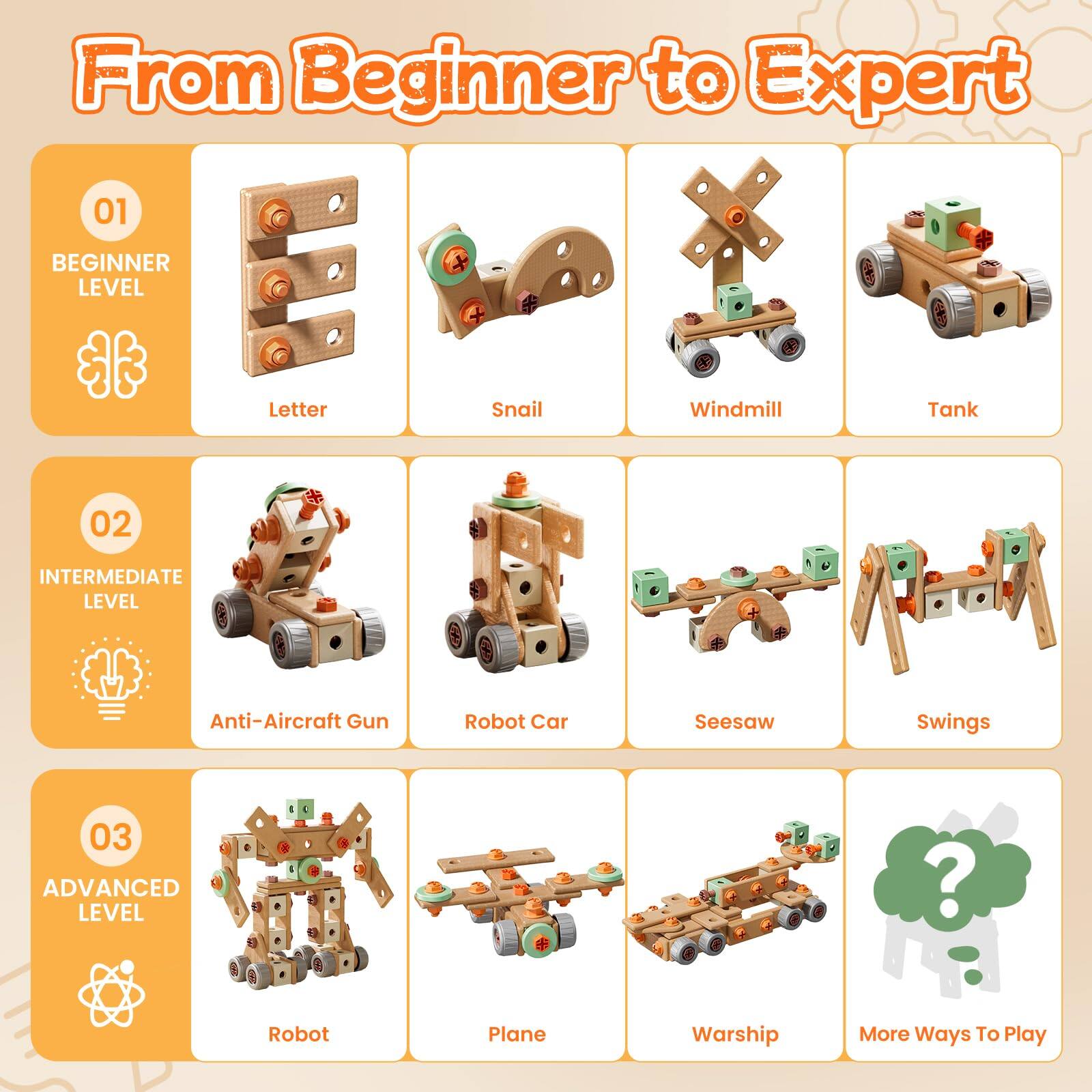 From Beginner to Expert

01
BEGINNER LEVEL
- Letter
- Snail
- Windmill
- Tank

02
INTERMEDIATE LEVEL
- Anti-Aircraft Gun
- Robot Car
- Seesaw
- Swings

03
ADVANCED LEVEL
- Robot
- Plane
- Warship
- More Ways To Play