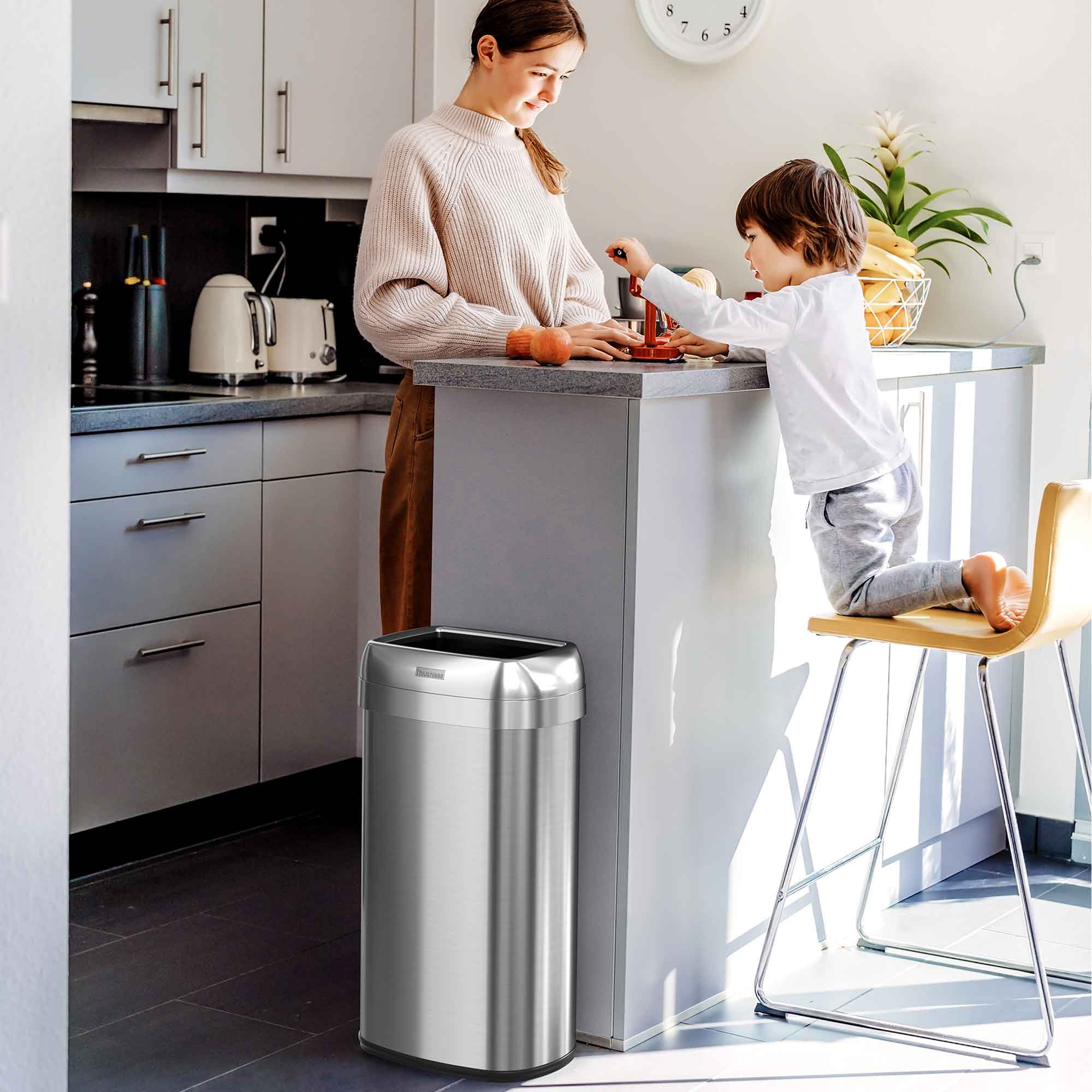 Alt View 1. iTouchless - 16 Gallon Oval Open Top Stainless Steel Kitchen Trash Can with Wheels and Dual AbsorbX Odor Filters - Silver.