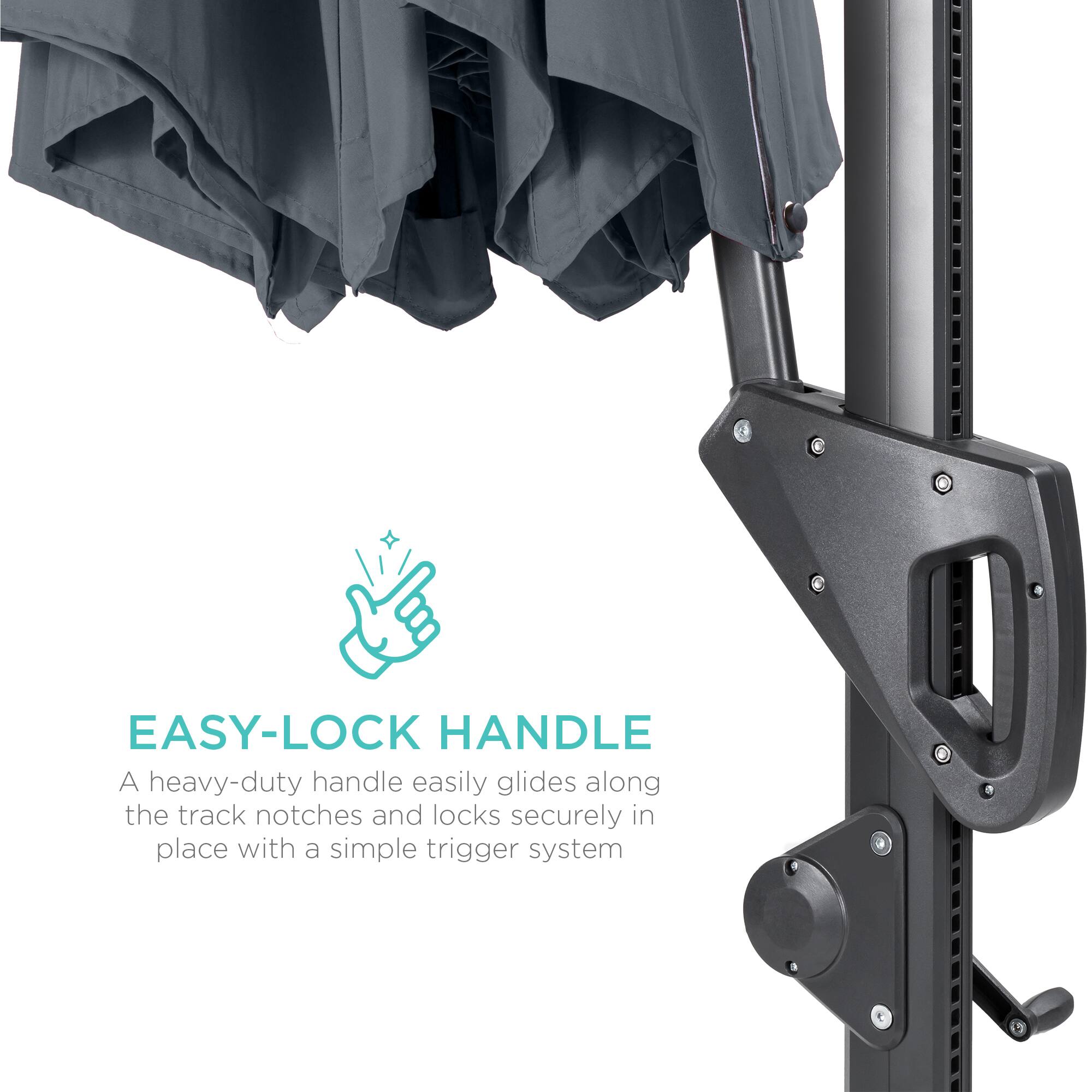 EASY-LOCK HANDLE

A heavy-duty handle easily glides along the track notches and locks securely in place with a simple trigger system.